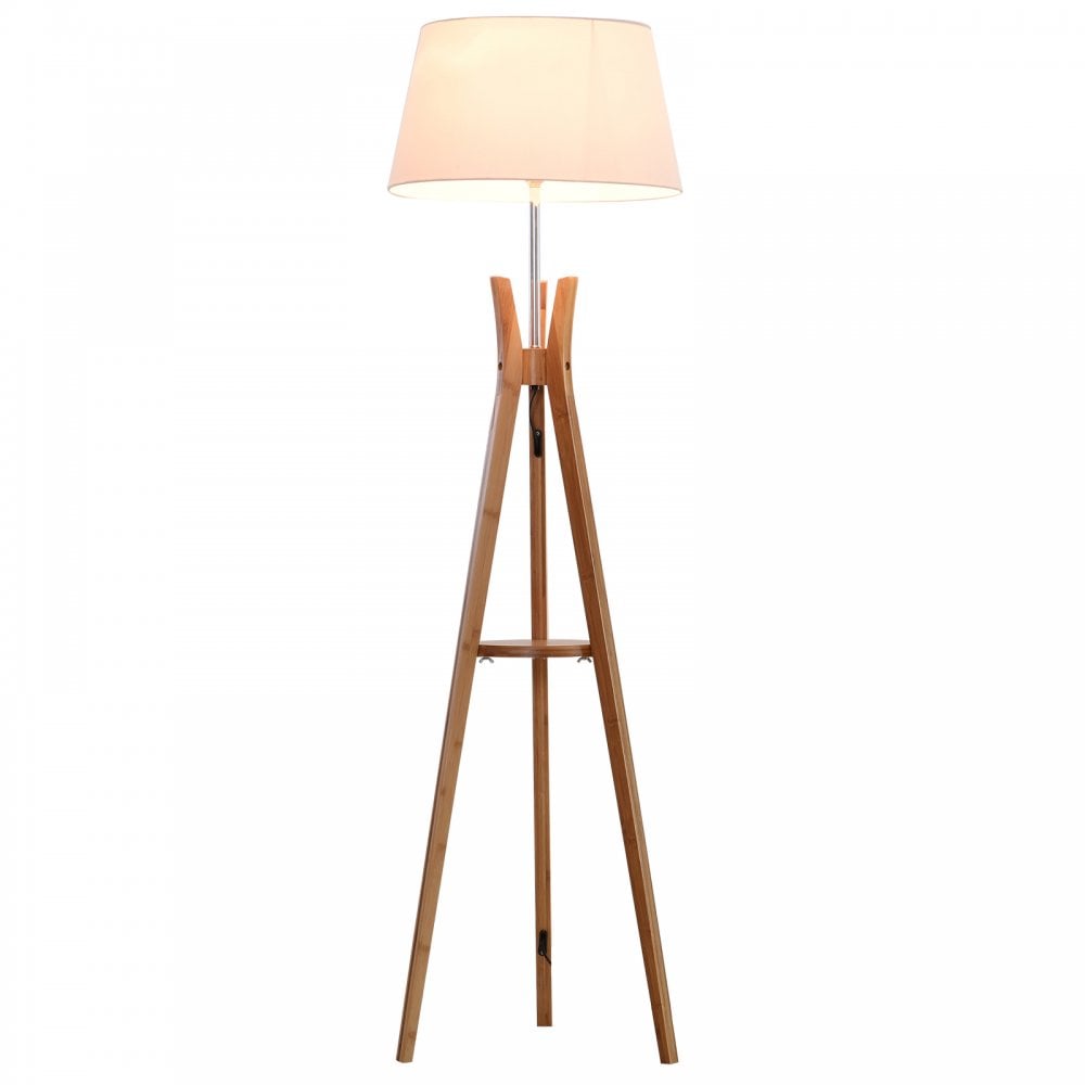 HOMCOM Bamboo Freestanding Tripod Floor Lamp w/ Shelf White  | TJ Hughes