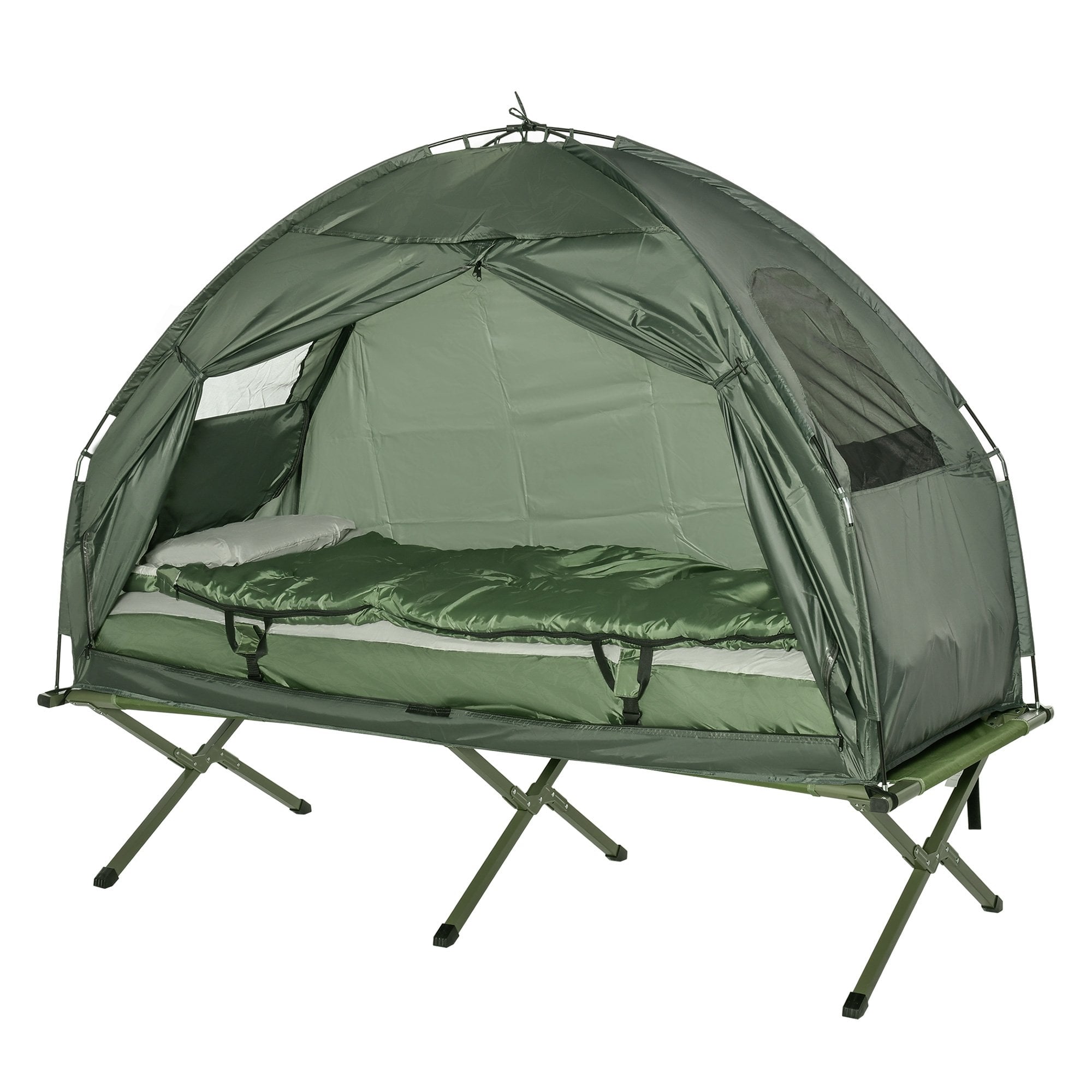 Outsunny Sleeping Bag Tent 1 person Foldable Camping Air Mattress Outdoor Hiking Picnic Bed cot Foot Pump Camp Army Green  | TJ Hughes