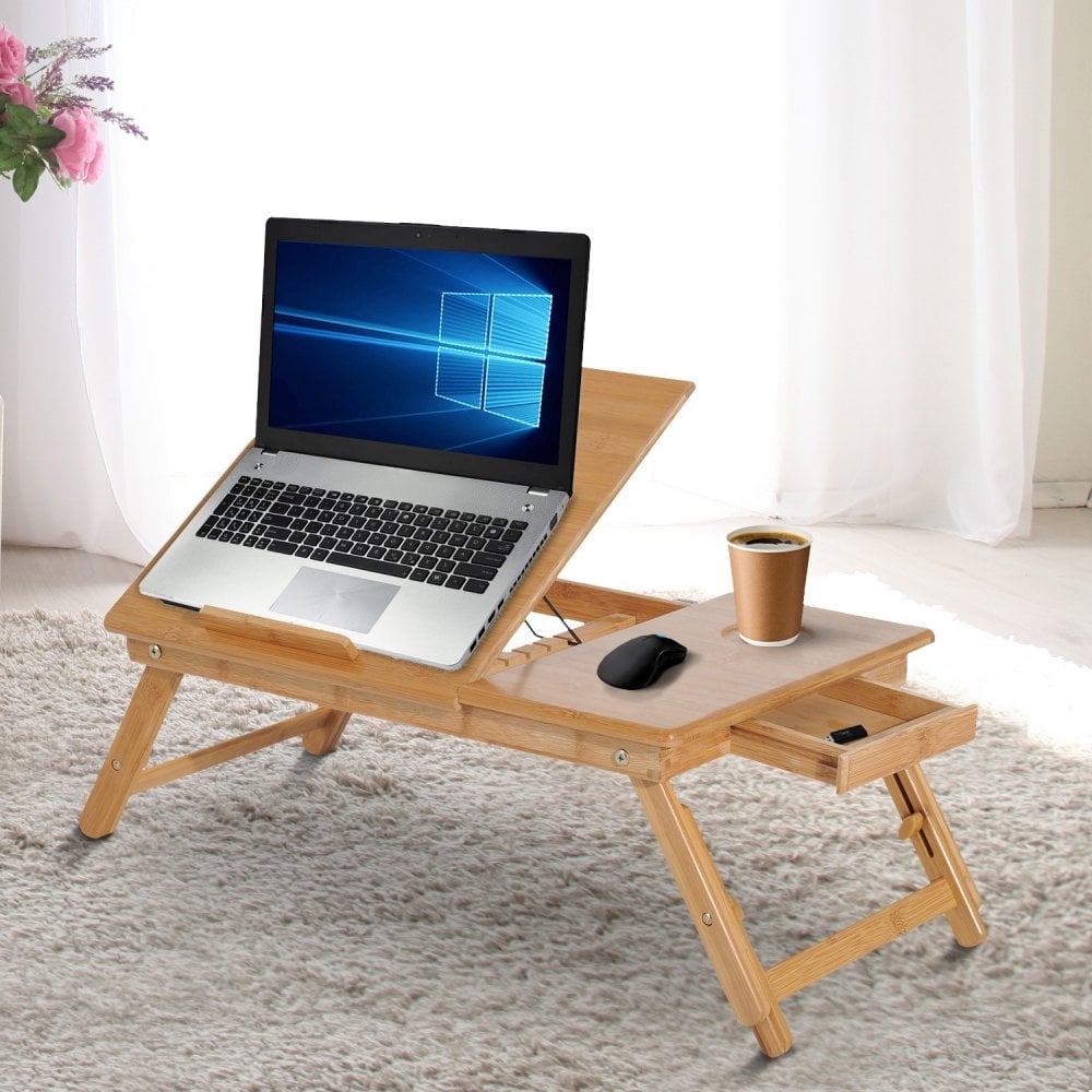 55Lx35Wx 22-30H cm Portable Bamboo Laptop Desk Notebook Tray PC Bed Table W/ Drawer Adjustable & Foldable-Bamboo - CARTER  | TJ Hughes