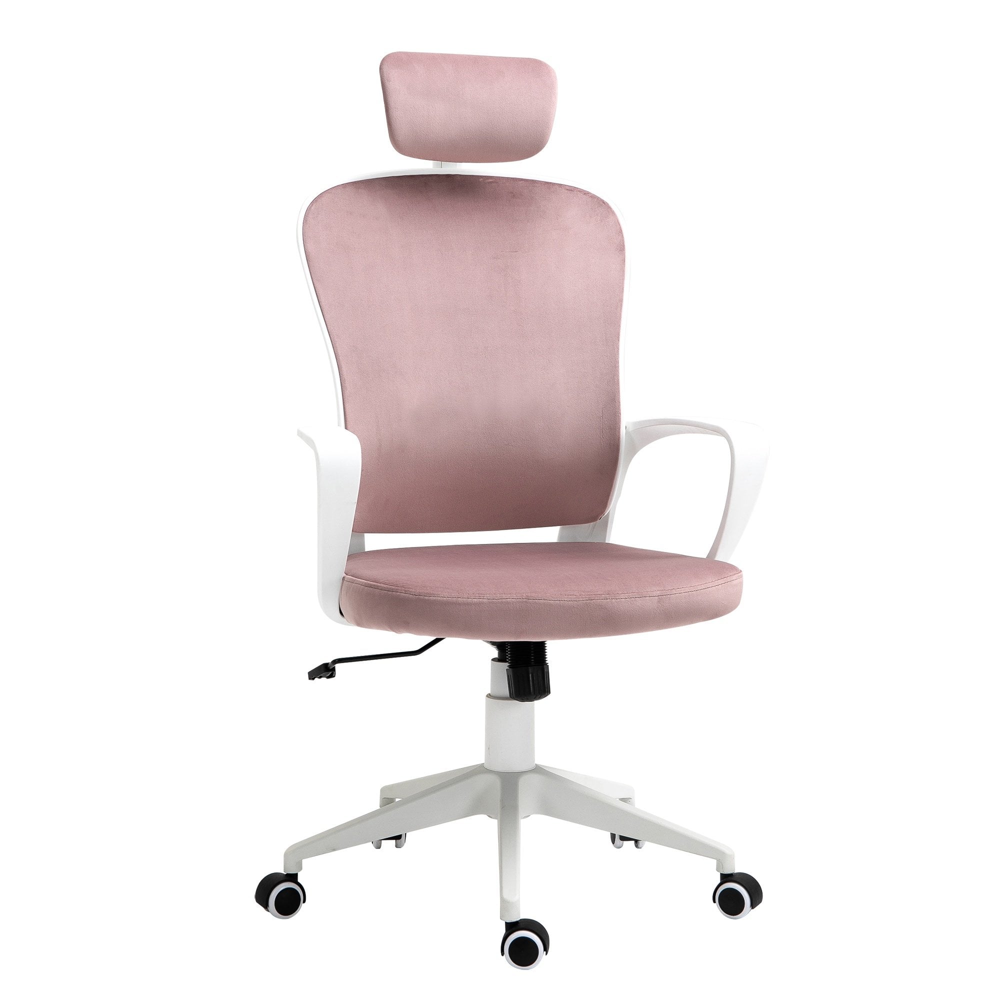Vinsetto High-Back Office Chair Velvet Style Fabric Computer Home Rocking with Wheels - Rotatable Liftable Headrest - Pink w/ Wheel - Up-Down Headrest