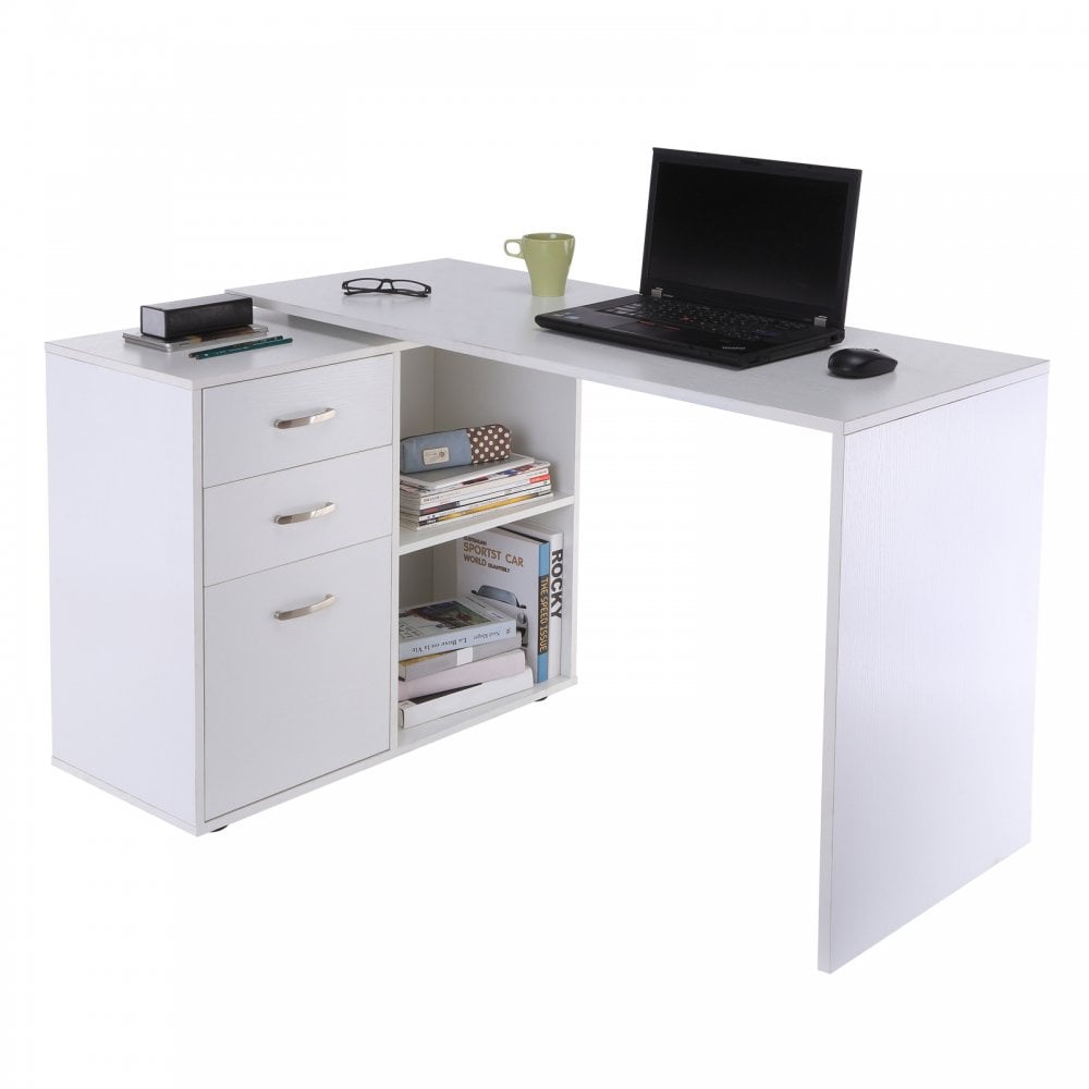 Home Office L Shape Computer Desk Workstation Drawer Shelf File Cabinet-White - CARTER  | TJ Hughes White