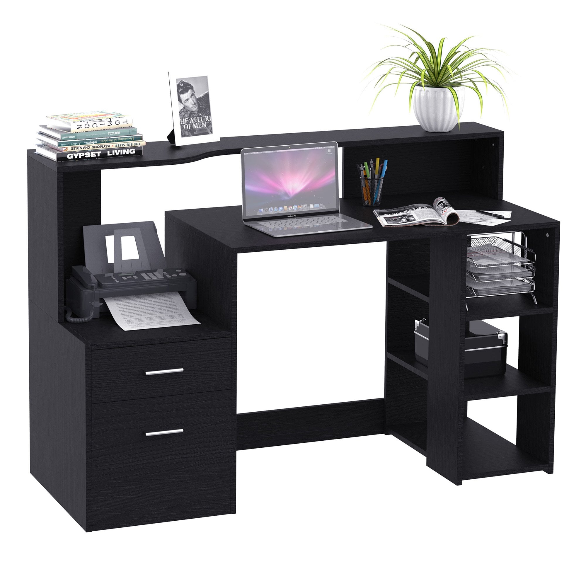 Wooden Computer Desk PC Table Modern Home Office Writing Workstation Furniture Printer Shelf Rack w/ Storage Drawer & Shelves (Black) Executive - CART