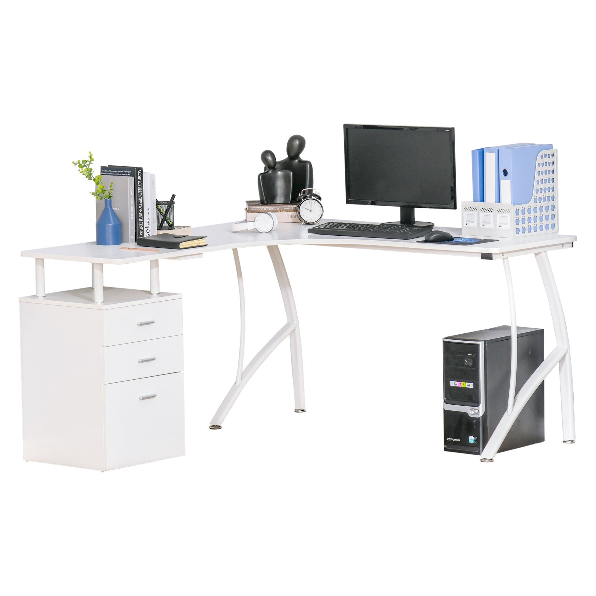 L-Shaped Computer Desk Table with Storage Drawer Home Office Corner Industrial Style Workstation - White PC - CARTER  | TJ Hughes