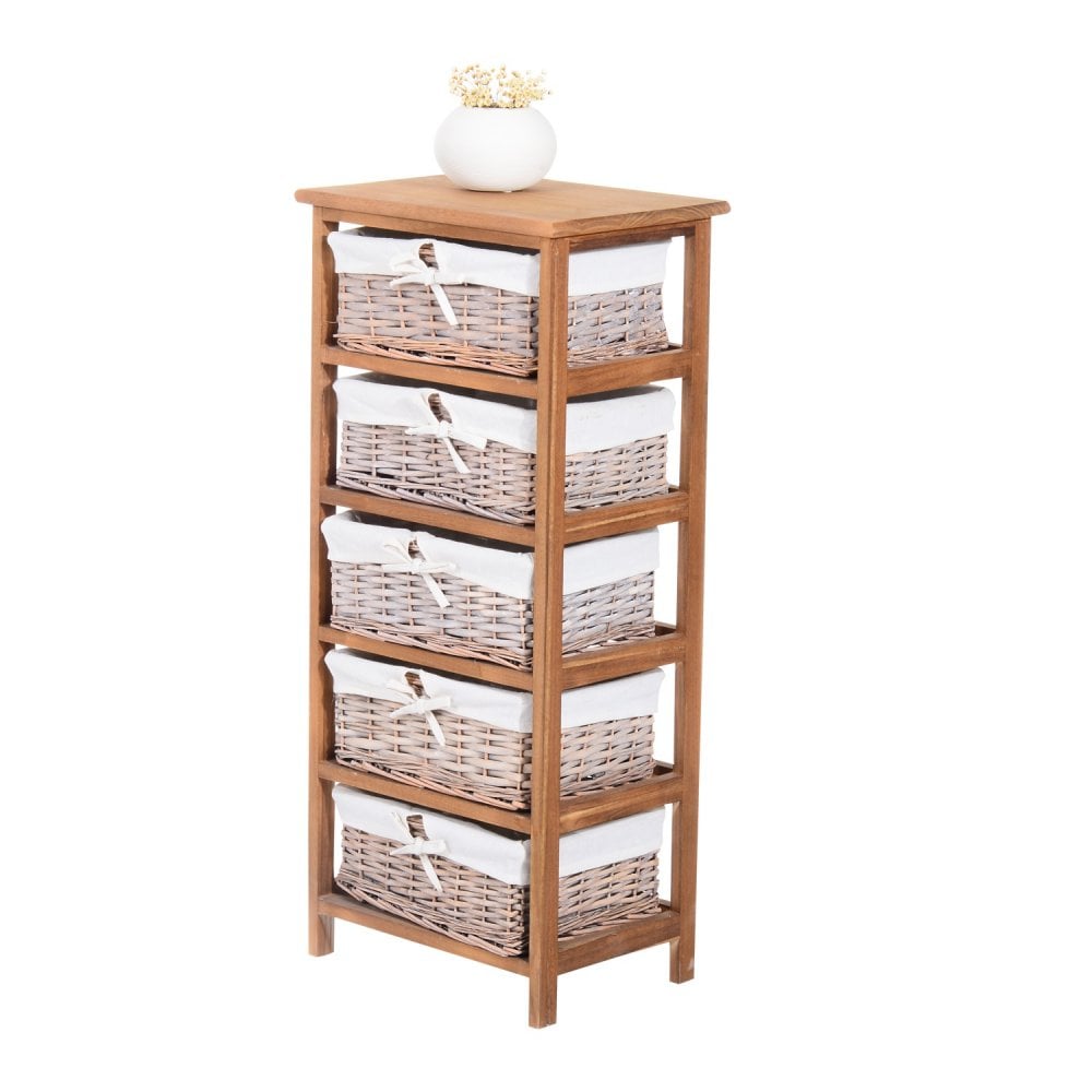 5-Drawers Storage Unit Wooden Frame with Wicker Woven Baskets Household Cabinet Chest - Home Living  | TJ Hughes