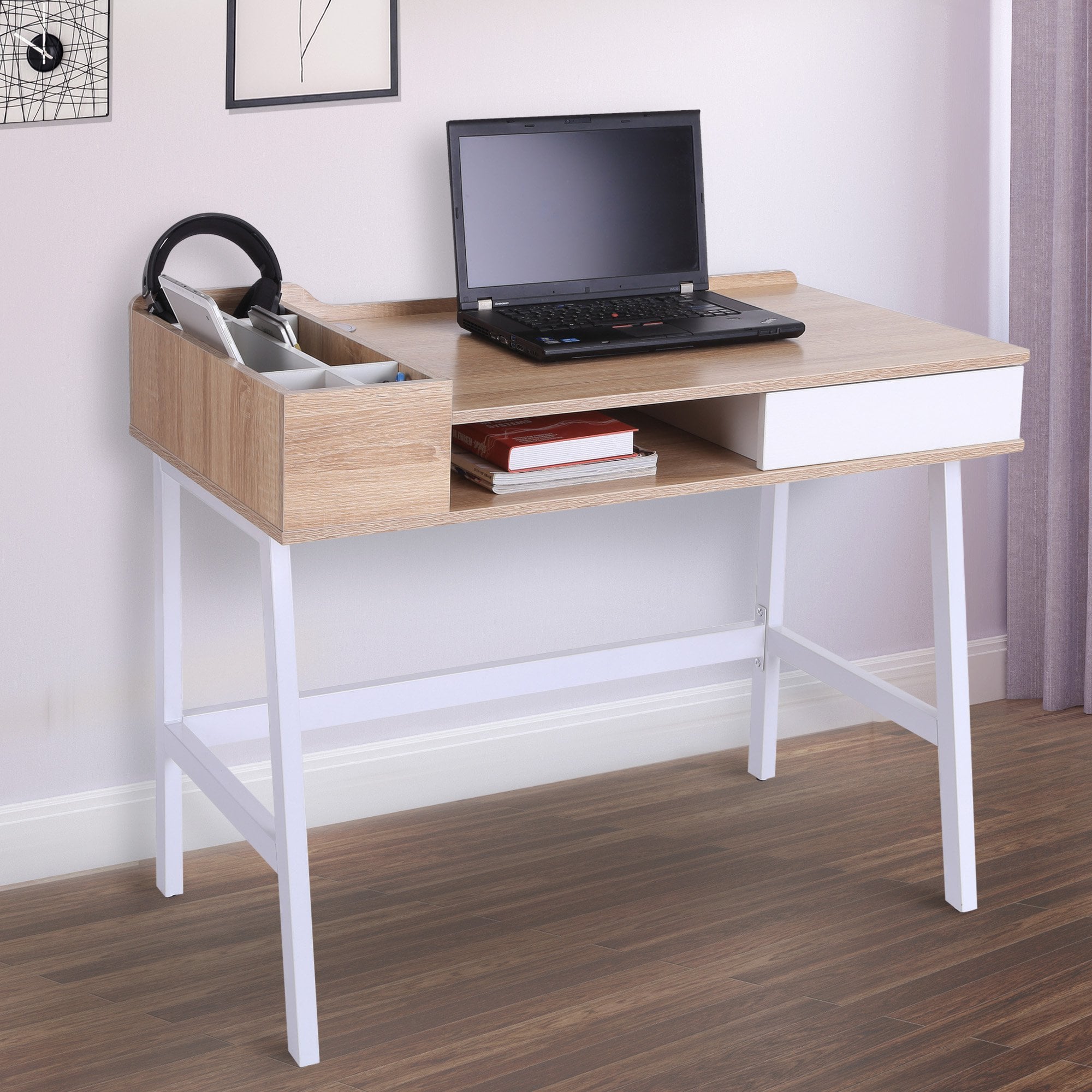 Computer Desk PC Workstation Laptop Table Storage Unit Metal Frame-Oak/White Colour - Home Living  | TJ Hughes White