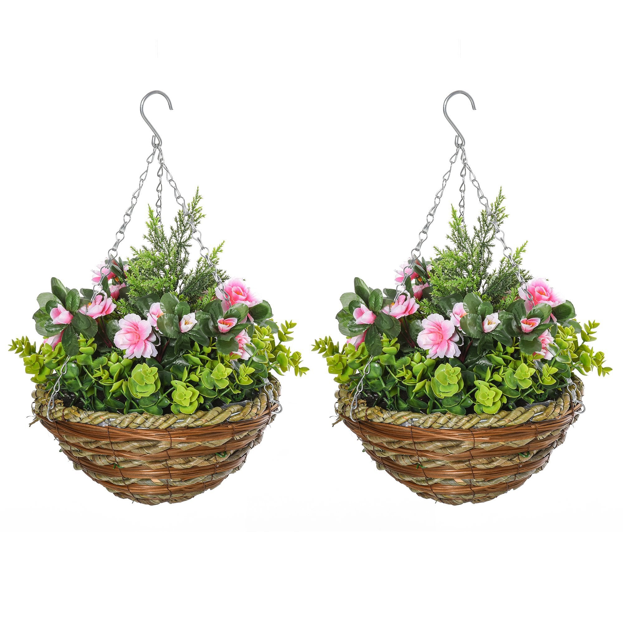 HOMCOM Pack of 2 Artificial Lisianthus Flowers Hanging Planter with Basket for Indoor Outdoor Decoration Home Garden  | TJ Hughes