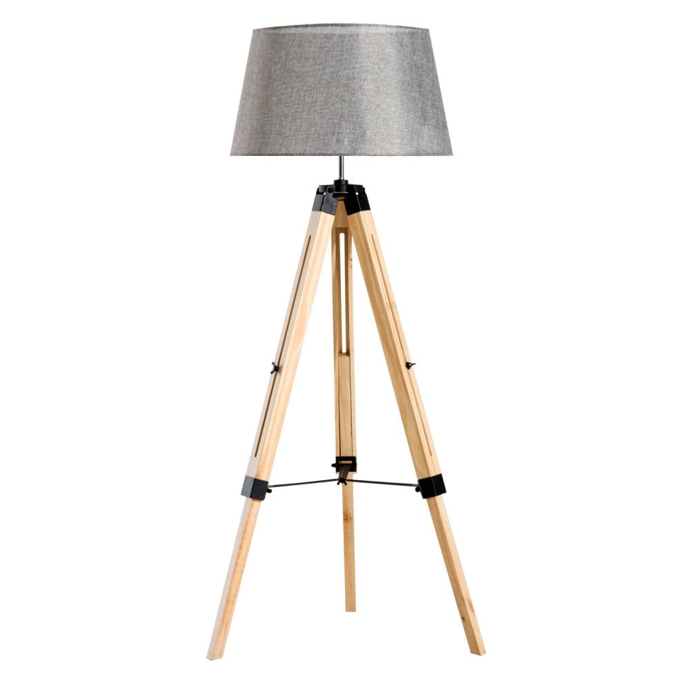 HOMCOM Tripod Floor Lamp Wooden Adjustable Modern Illumination Design E27 Bulb Compatible (Grey Shade) 99-143H  | TJ Hughes Grey