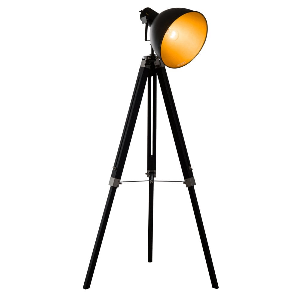 HOMCOM Retro Tripod Floor Lamp Height Adjustable Studio Dome Shade Light Wooden Legs-Black/Gold  | TJ Hughes Black