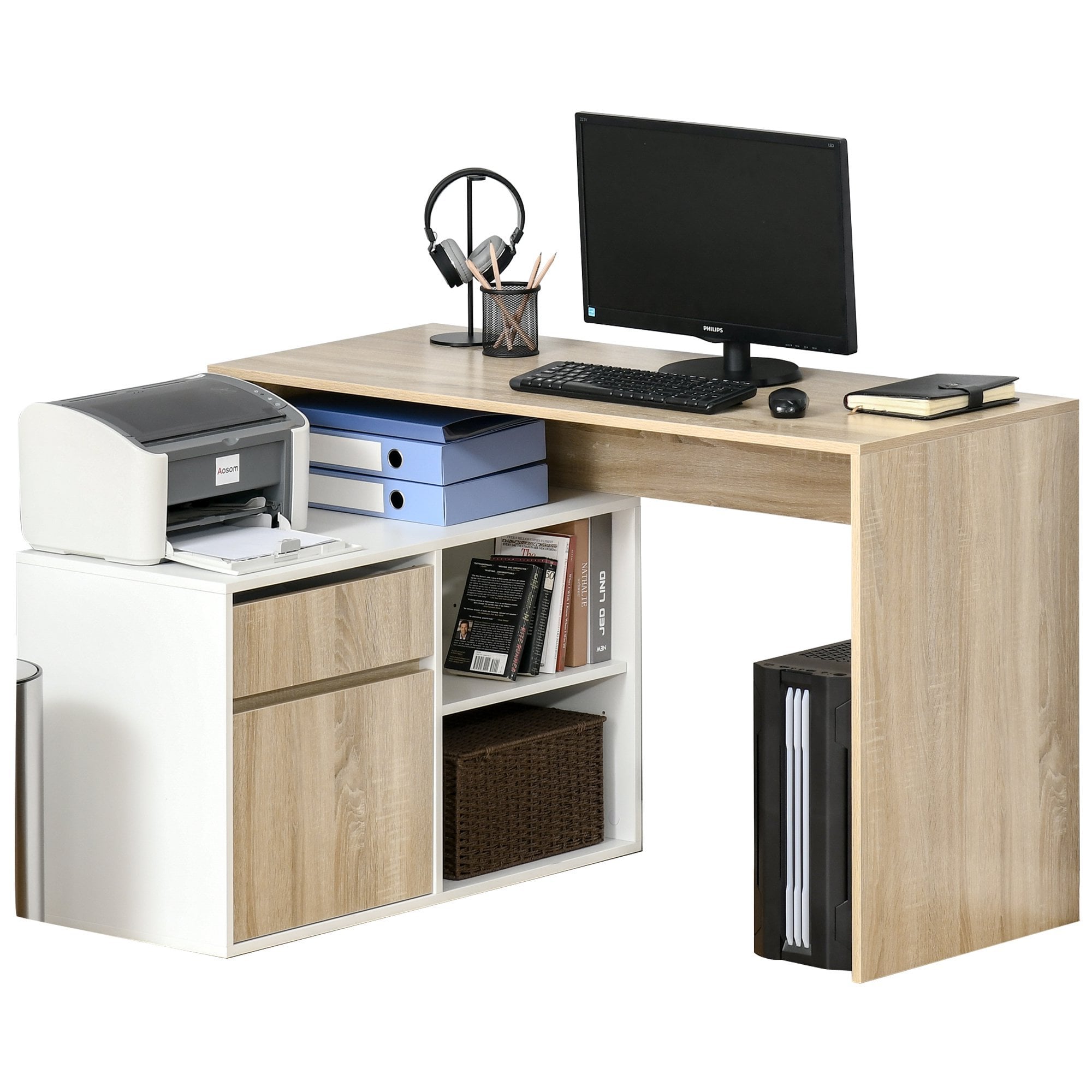 L-Shaped Corner Computer Desk Study Table PC Work w/ Storage Shelf Drawer Office - Oak and White Office - CARTER  | TJ Hughes