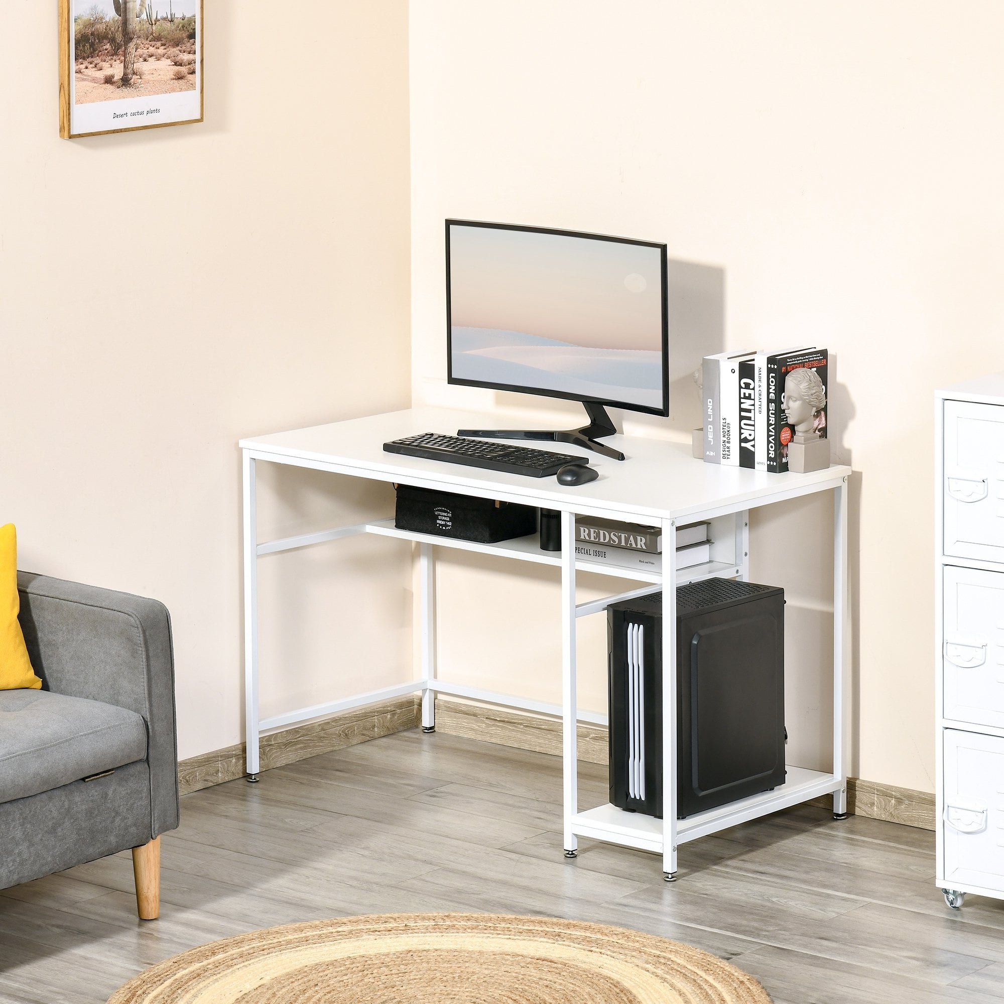 Home Computer Desk Writing Study Table Offcie PC Workstation with Storage Shelf - White w/ Storage - CARTER  | TJ Hughes