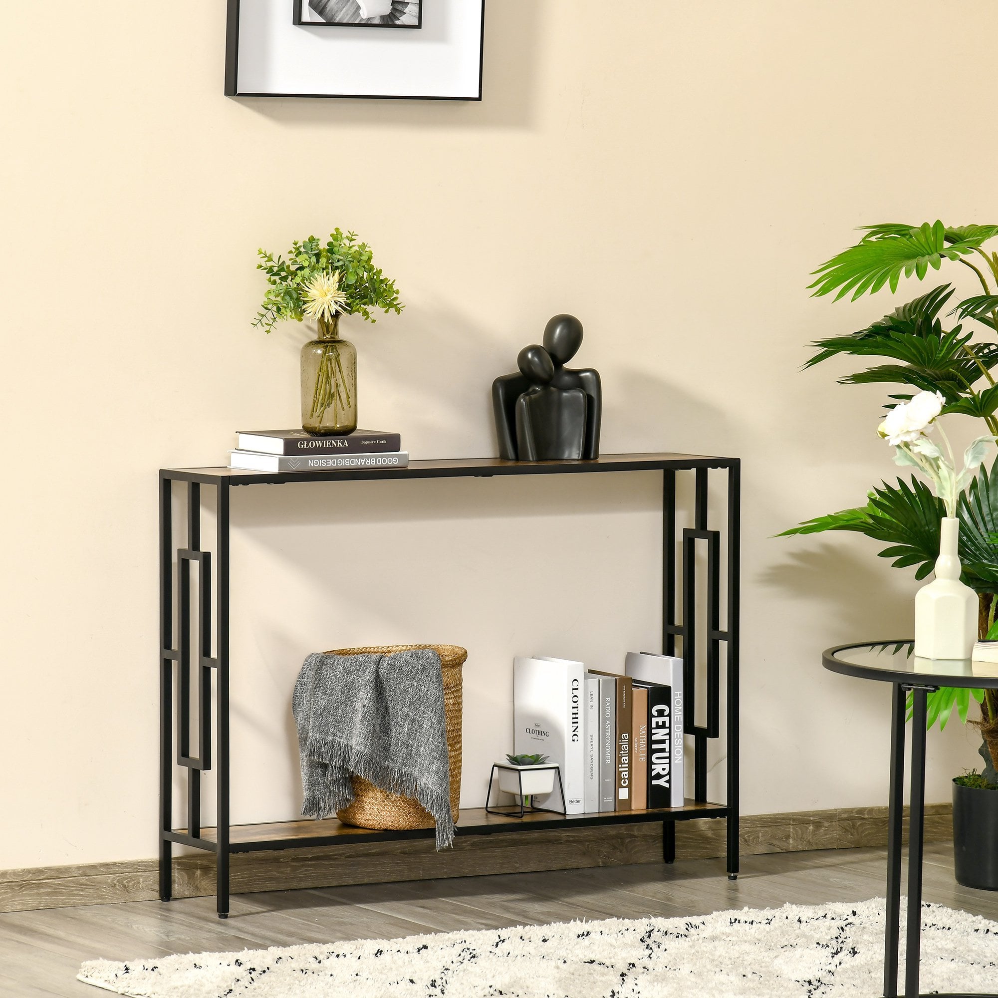 Industrial Console Table with Storage Shelf - Narrow Hallway Dressing Desk with Metal Frame for Living Room - Bedroom - Rustic Brown Black - Home Livi