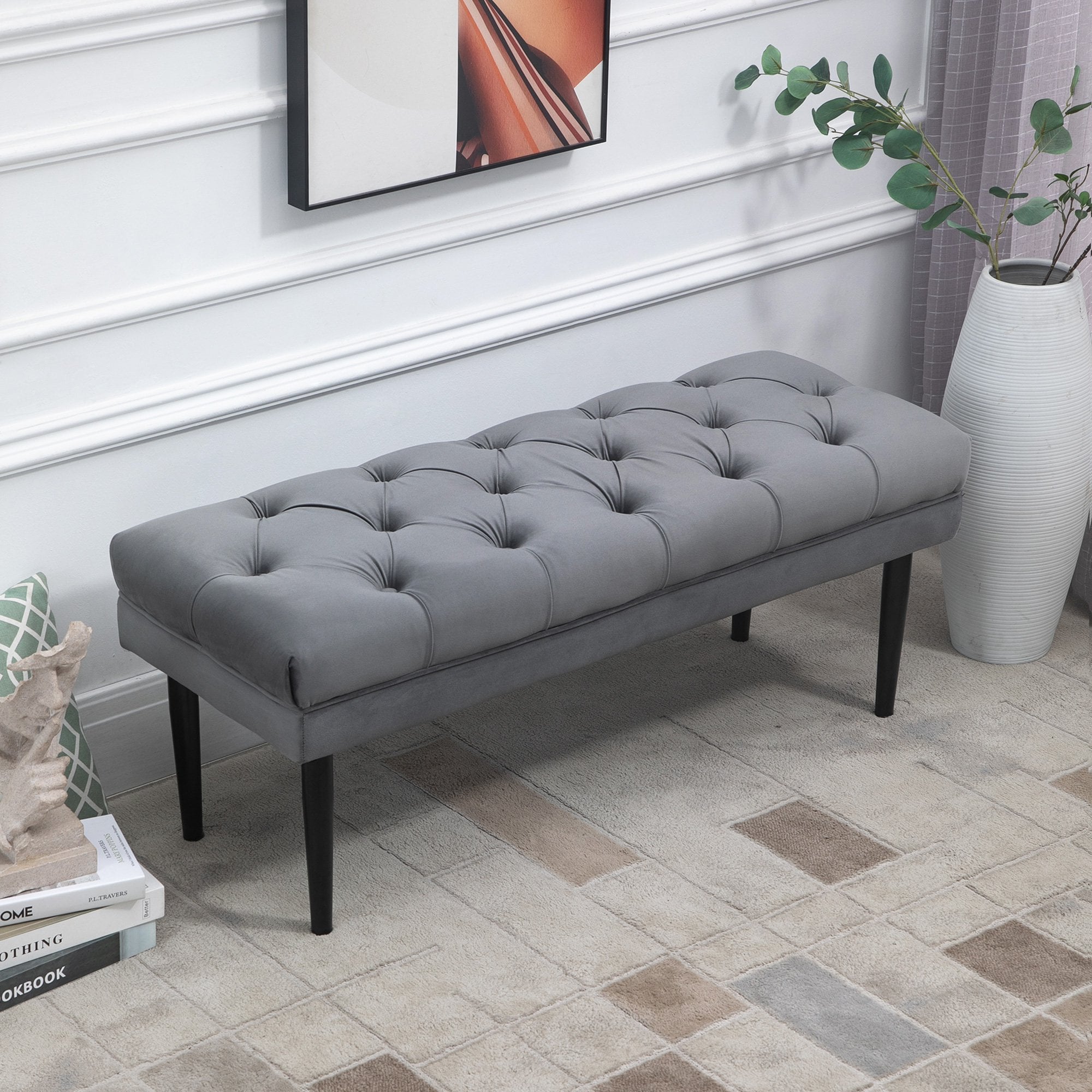 Entryway Bench - Bed End Bench - Button Tufted Window Seat - Upholstered Accent Stool for Living Room - Bedroom - Hallway - Grey Seat - Home Living  |