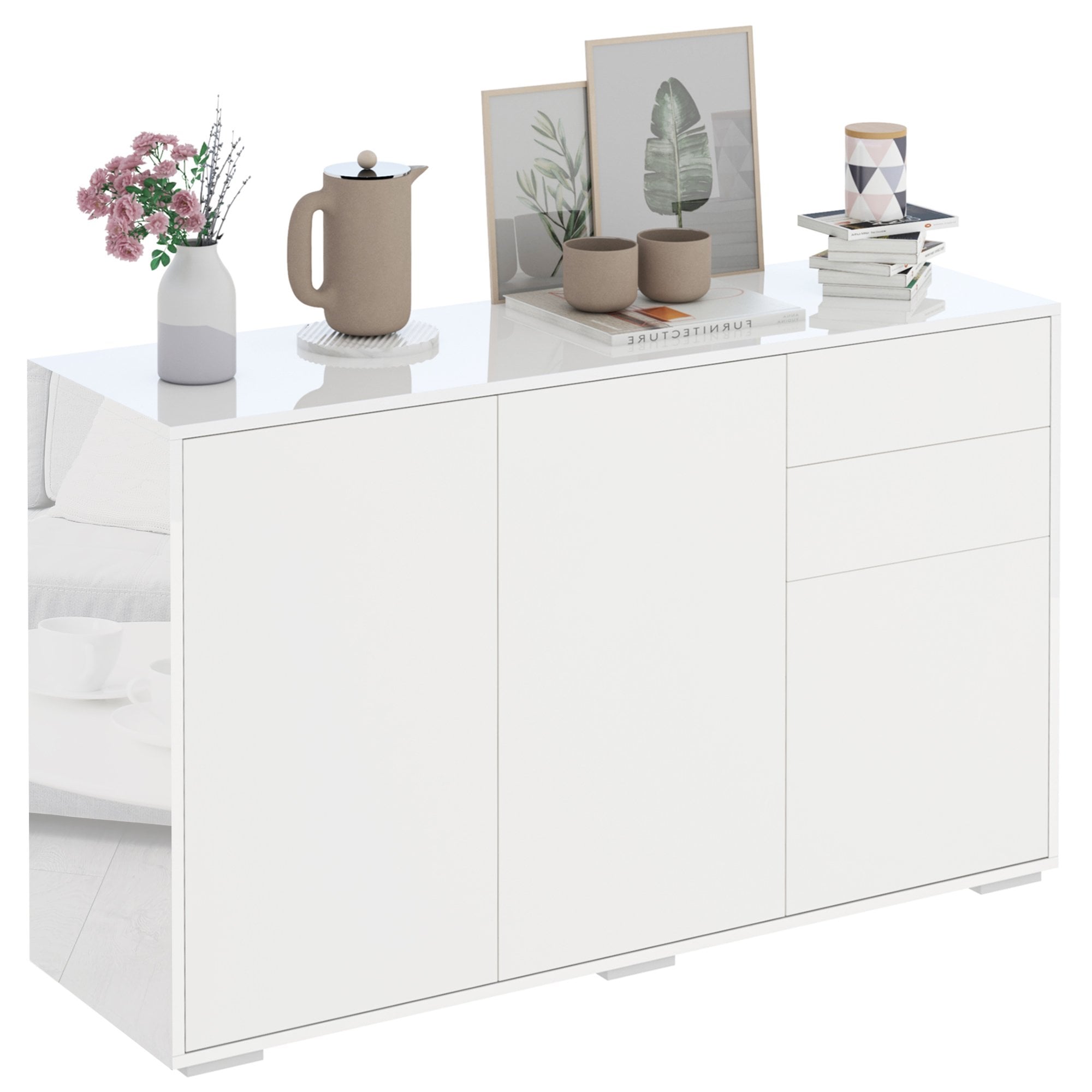 Modern Stylish Freestanding Push-Open Cabinet with 2 Drawer 2 Door Cabinet for Home Office Highlight - 117W x 36D x 74Hcm-White for Living Room - Bedr
