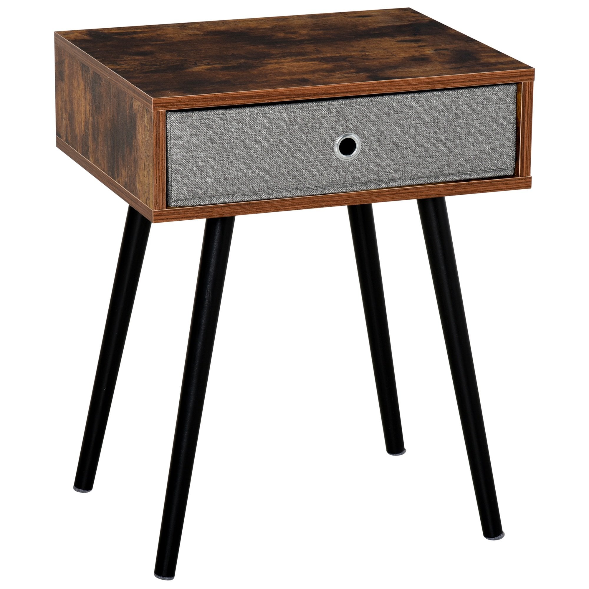 Side Table - Nightstand - End Table with Removable Fabric Drawer - Retro Style Accent Furniture with Wooden Legs - Rustic Brown and Black Chic Legs -