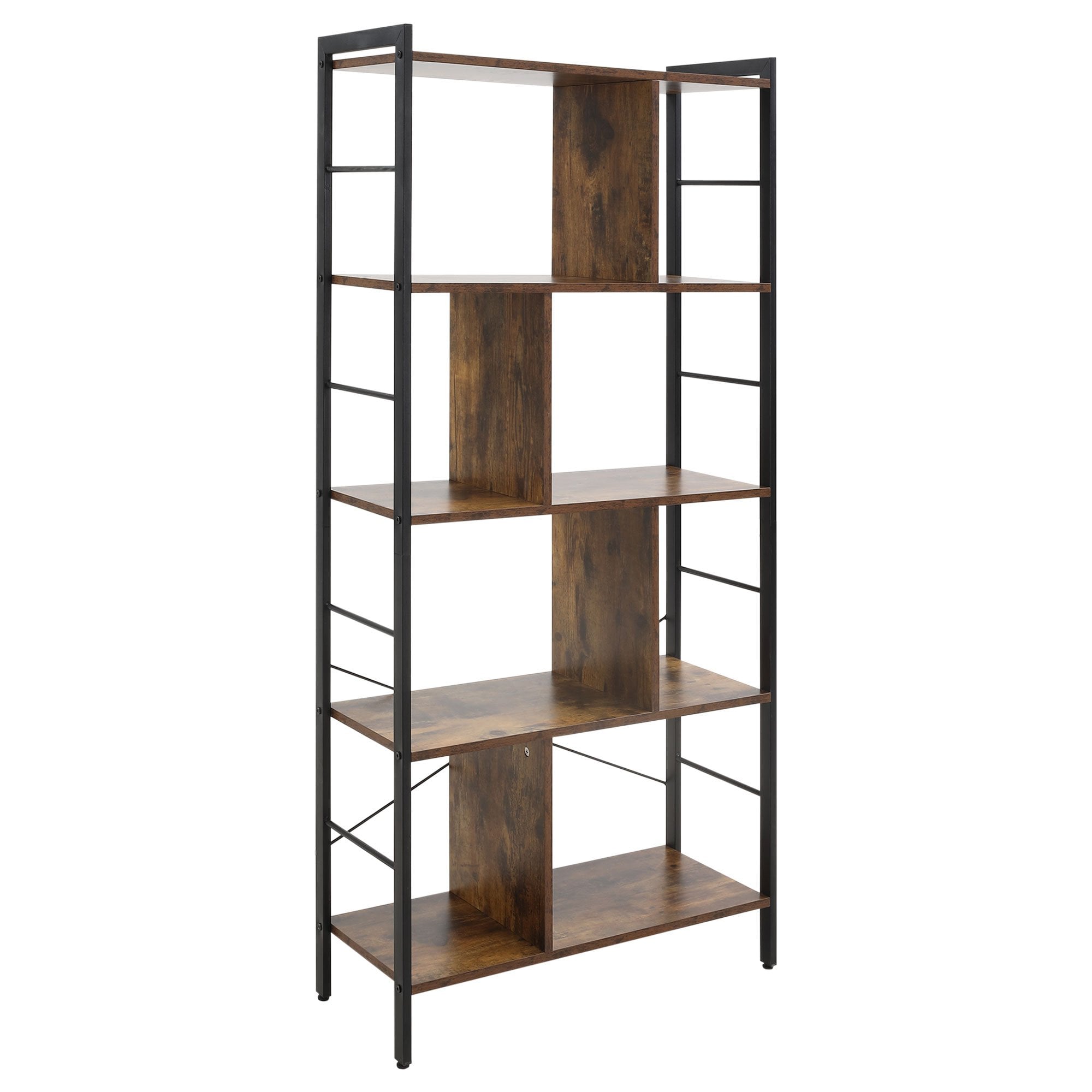 Industrial Storage Shelf Bookcase Closet Floor Standing Display Rack with 5 Tiers - Metal Frame for Living Room & Study - Rustic Brown - Home Living