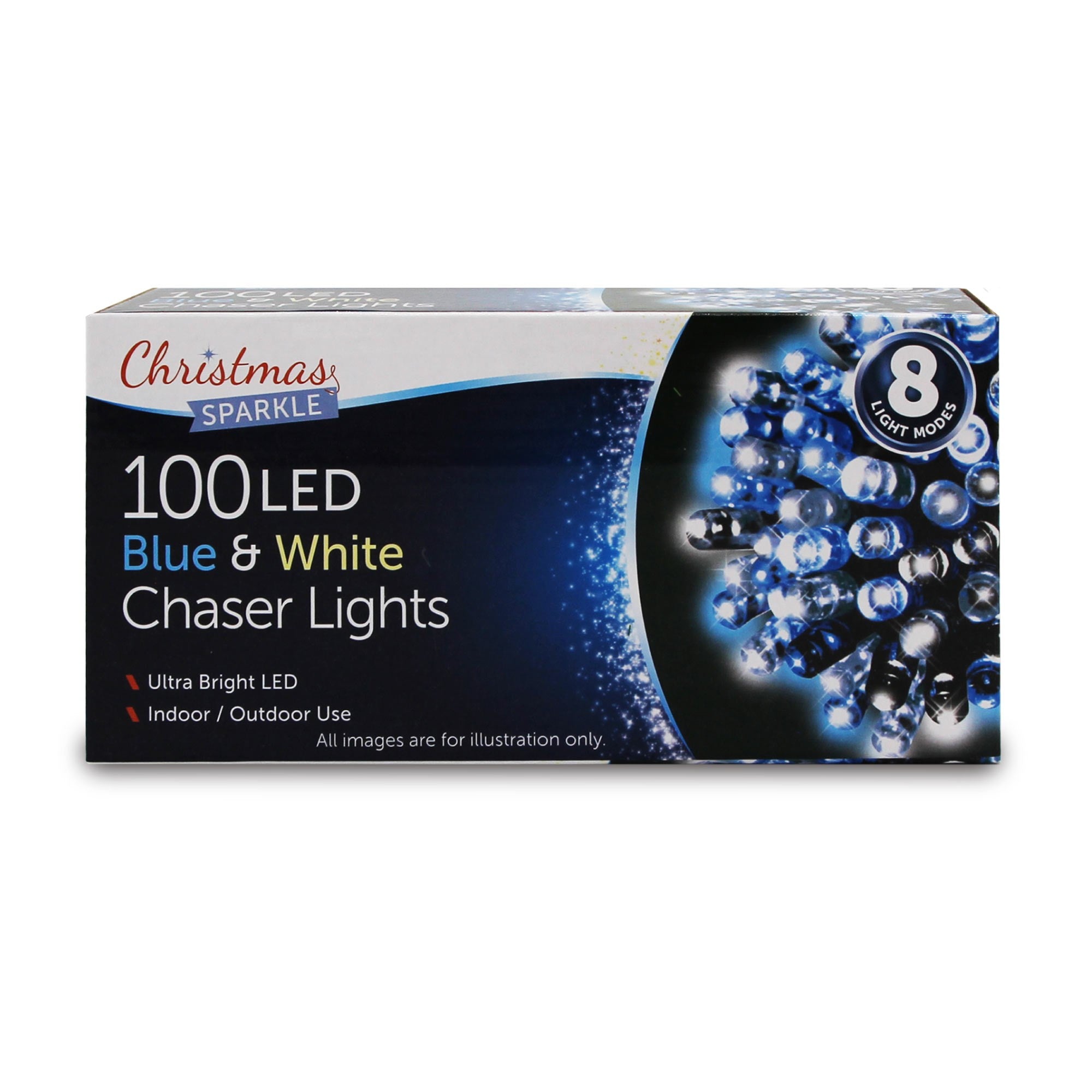 Christmas Sparkle Indoor and Outdoor Chaser Lights x 100 in Blue and White  | TJ Hughes White/Blue