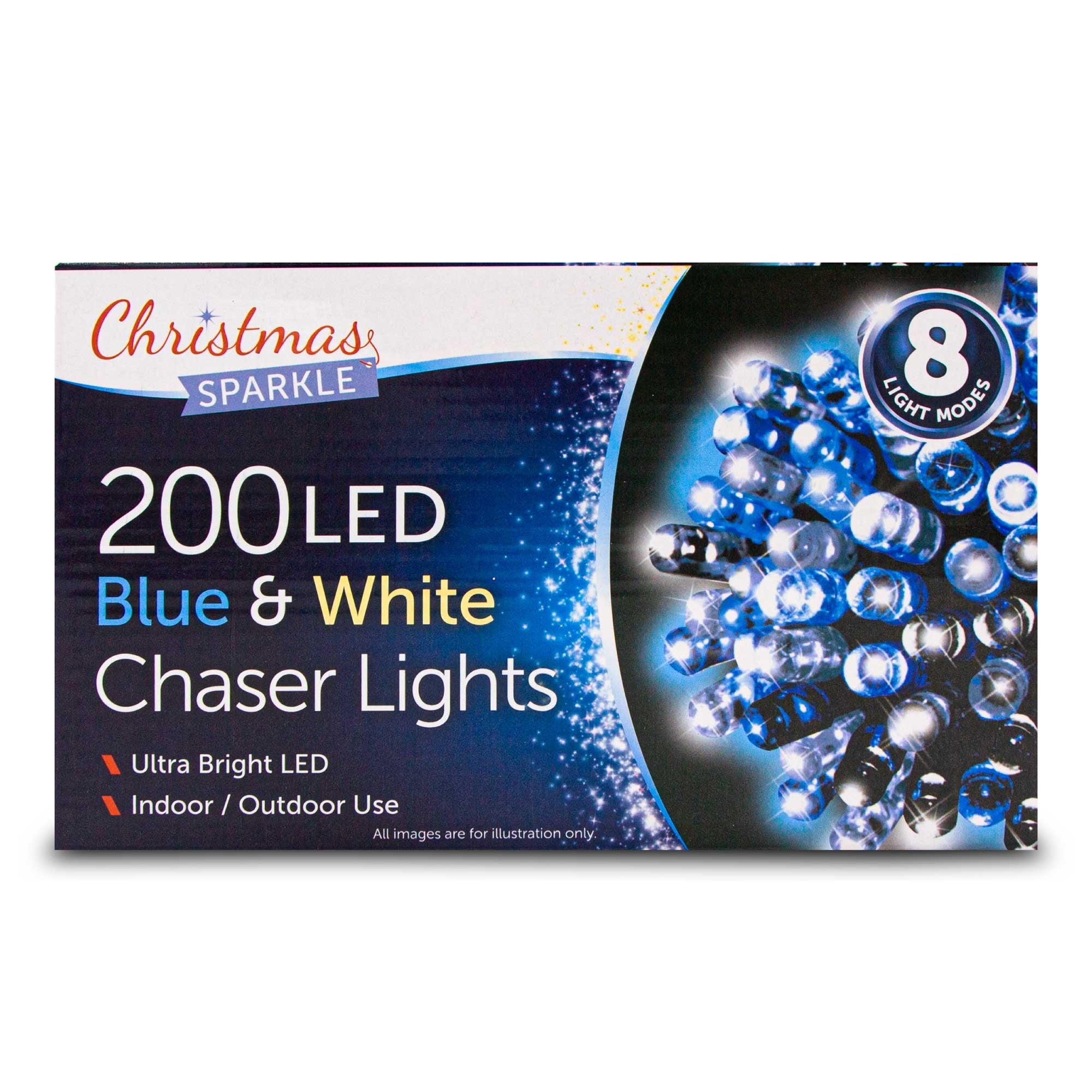 Christmas Sparkle Indoor and Outdoor Chaser Lights x 200 Blue and White LEDs - Mains Operated  | TJ Hughes White/Blue