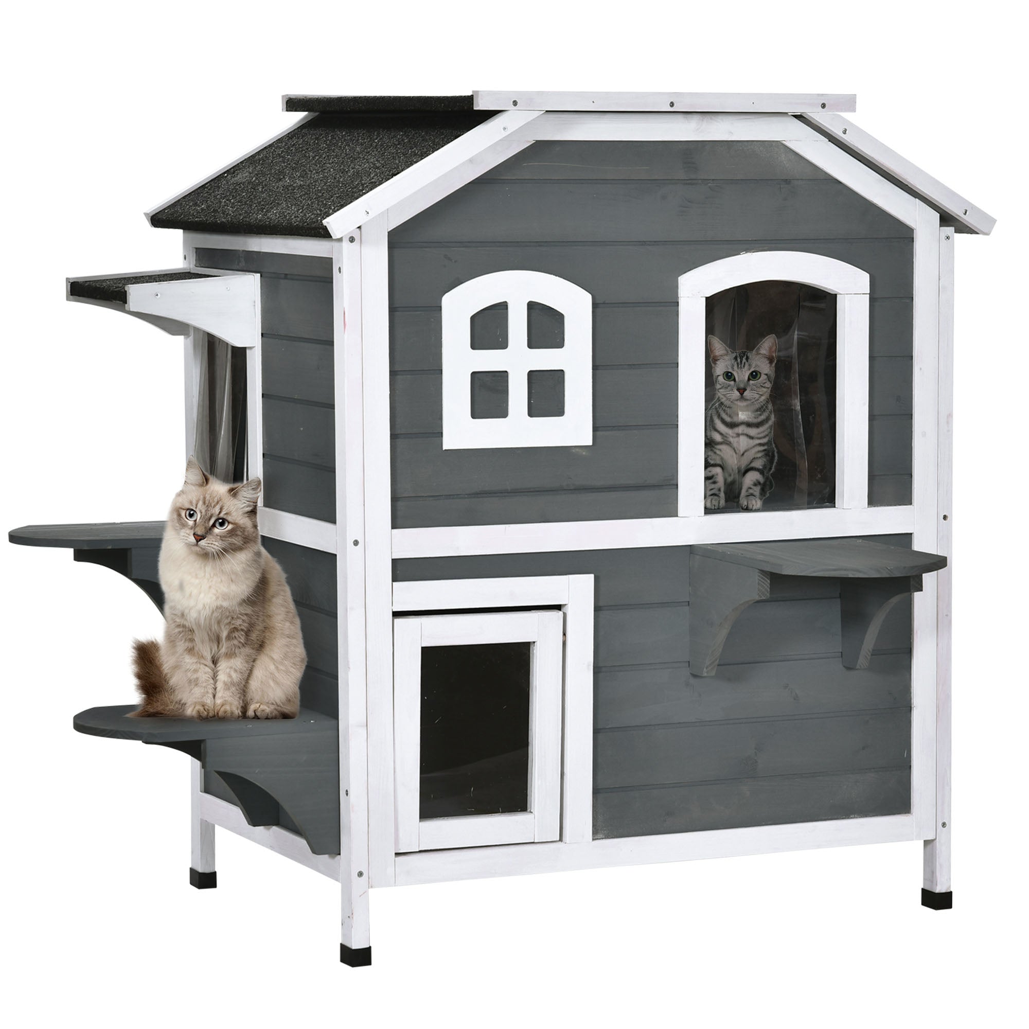 PawHut Wooden Cat House Cat Cave Pet Shelter Condos Outdoor Grey  | TJ Hughes