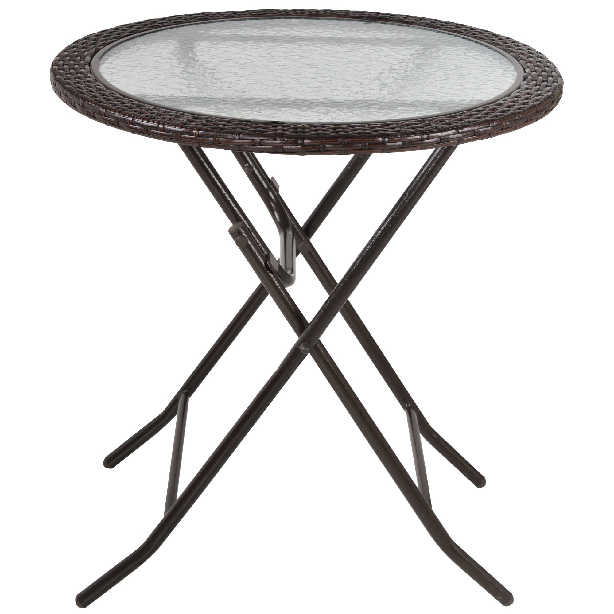 Outsunny Folding Round Tempered Glass Metal Table with Brown Rattan Edging  | TJ Hughes