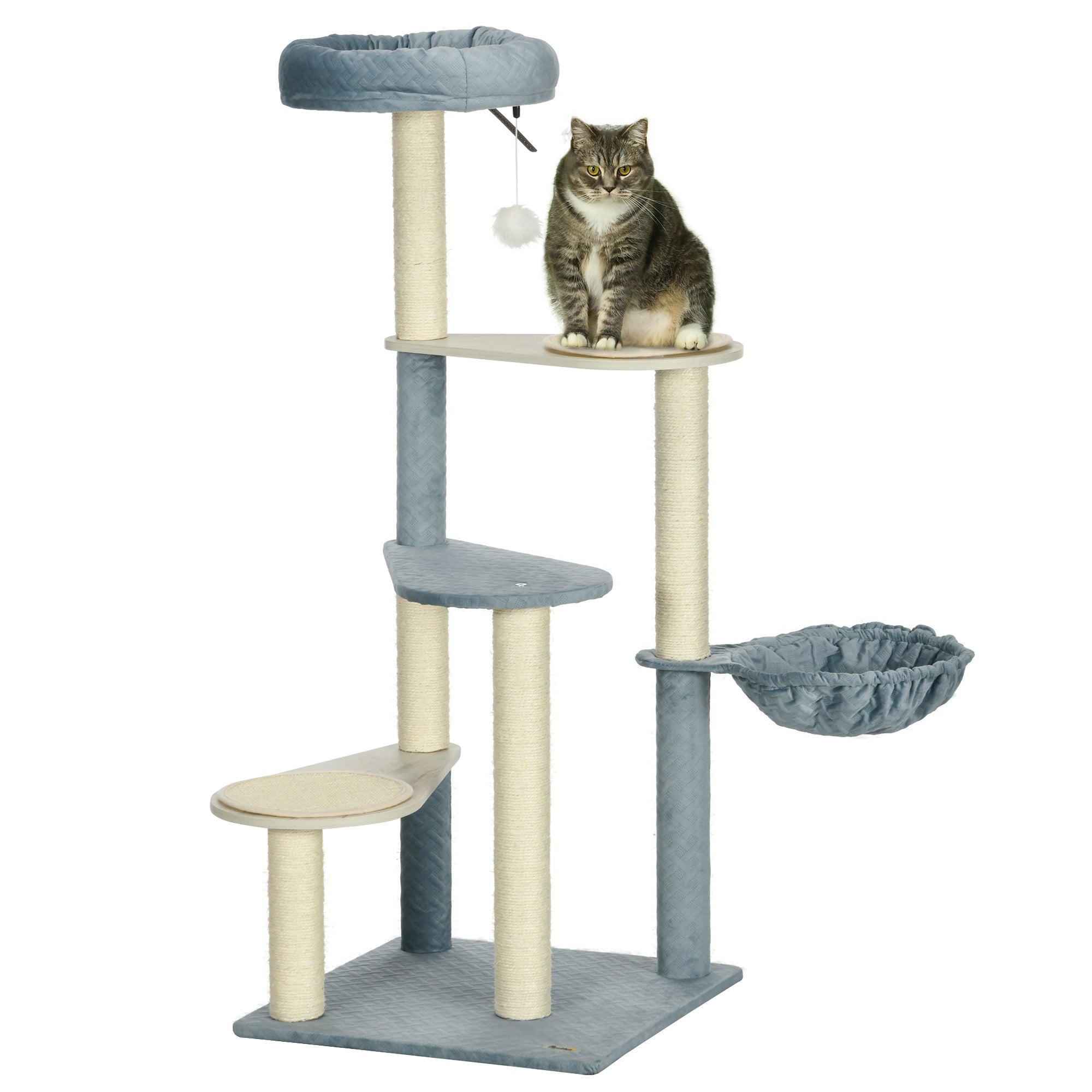 PawHut Wooden Cat Tree Climbing Tower with Scratching Post Hammock - Blue  | TJ Hughes Grey