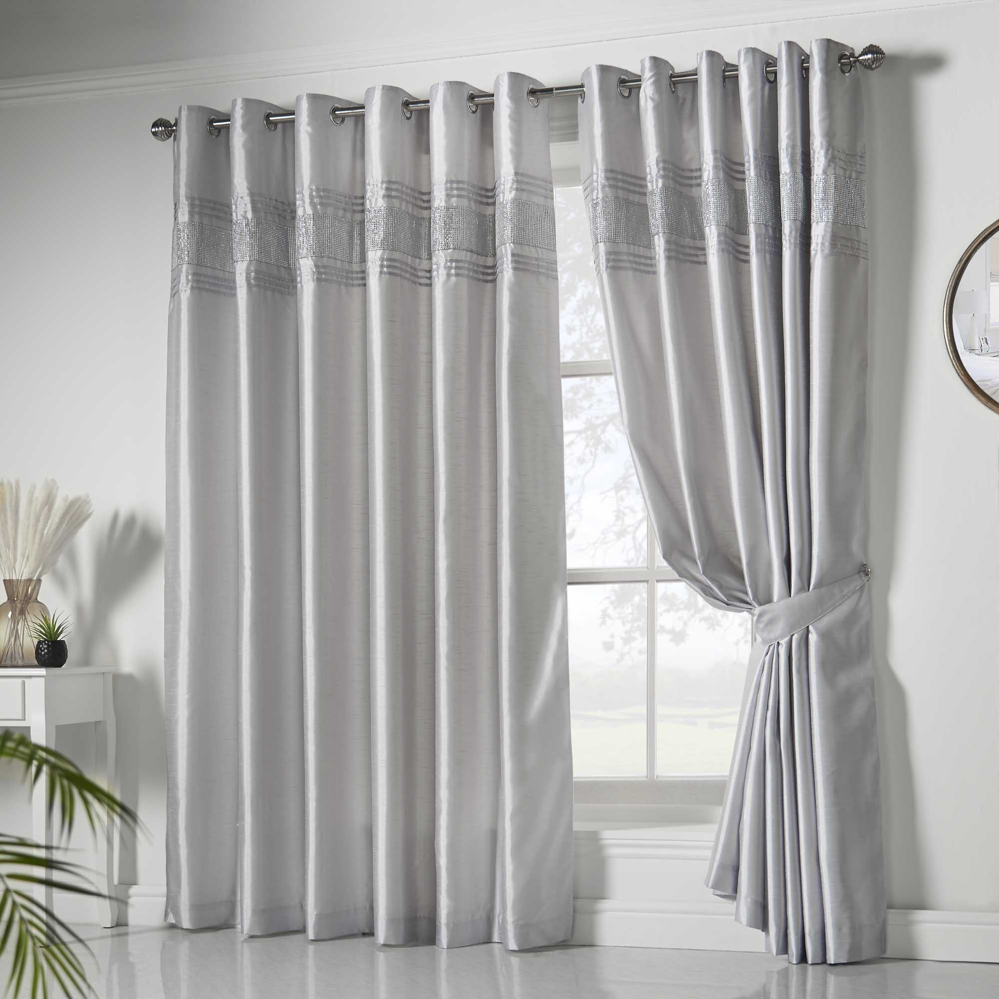 Cannes Eyelet Curtains - Faux Silk Pintuck Embellished -Silver - 167cm (66") X 183cm (72") - Lewis’s  | TJ Hughes Silver