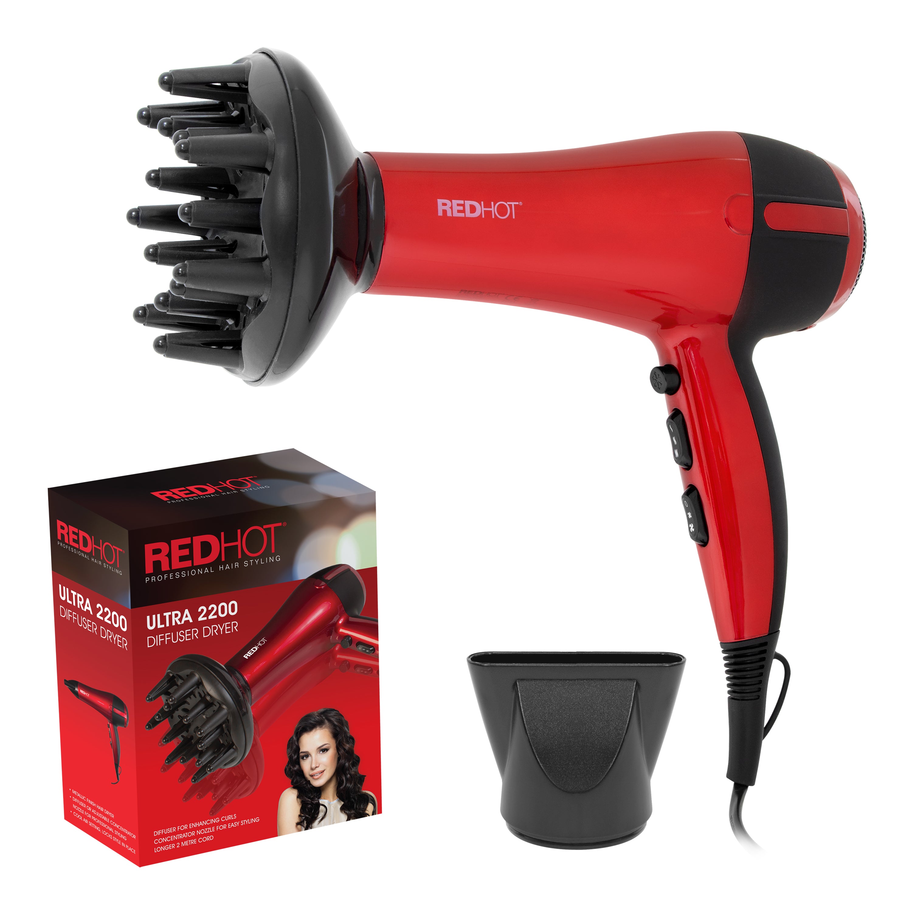 Red Hot 2200W Professional Hair Dryer With Diffuser - Red  | TJ Hughes