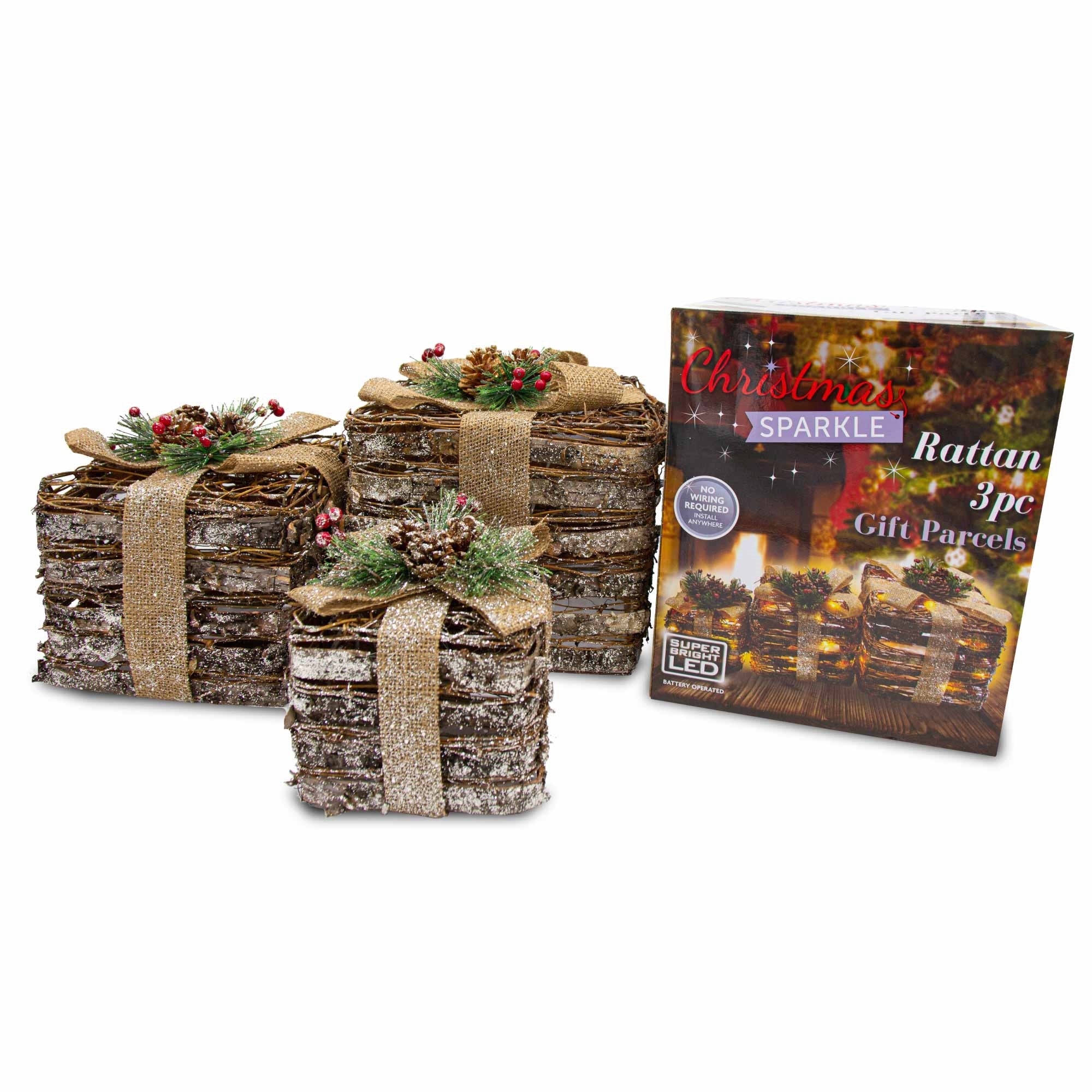 Christmas Sparkle Rattan Parcels with Bow x 3 Battery Operated with 40 Warm White LEDs - TJ Hughes