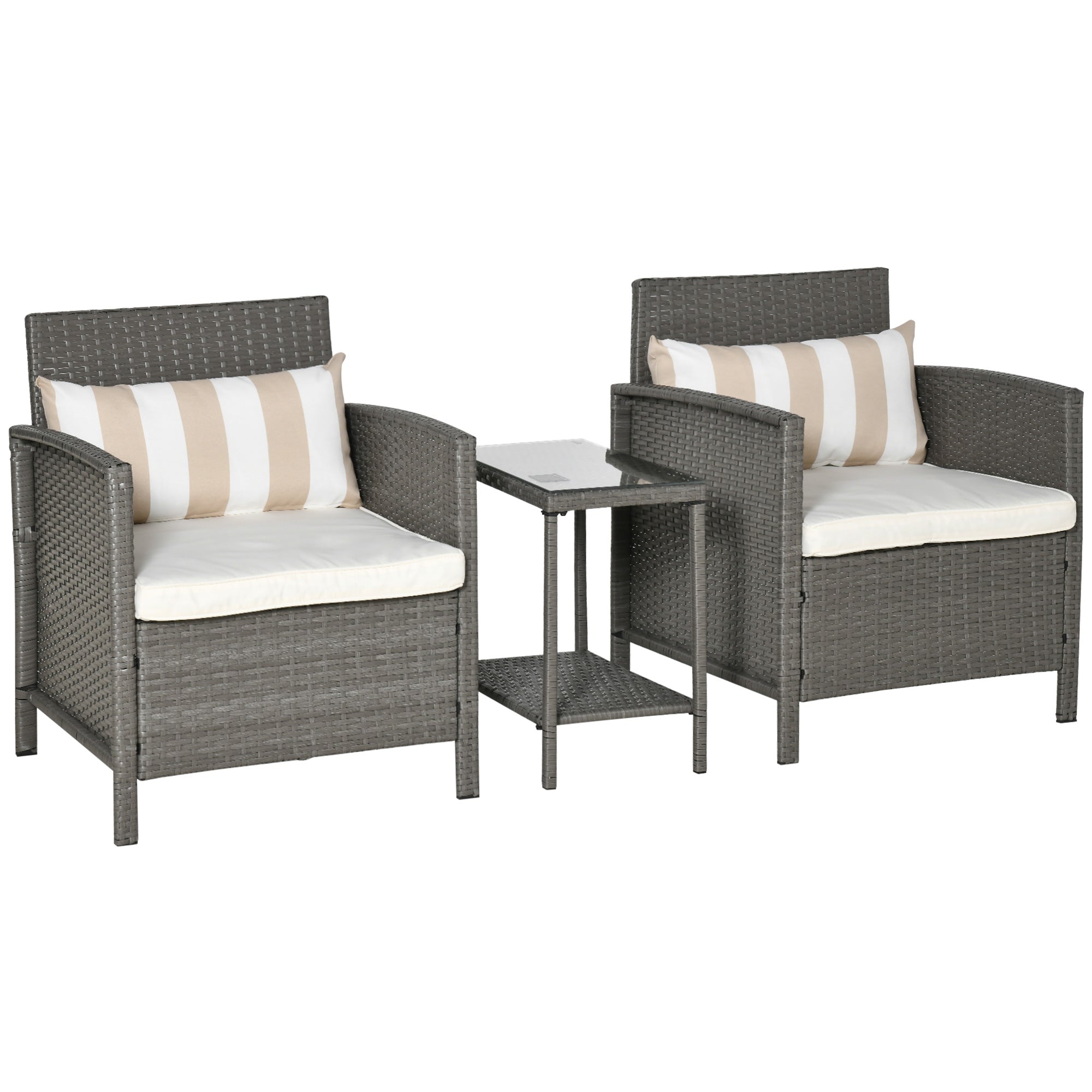 Outsunny 3 PC Outdoor Rattan Sofa Set w/ Chairs Coffee Table Cushion Light Grey  | TJ Hughes