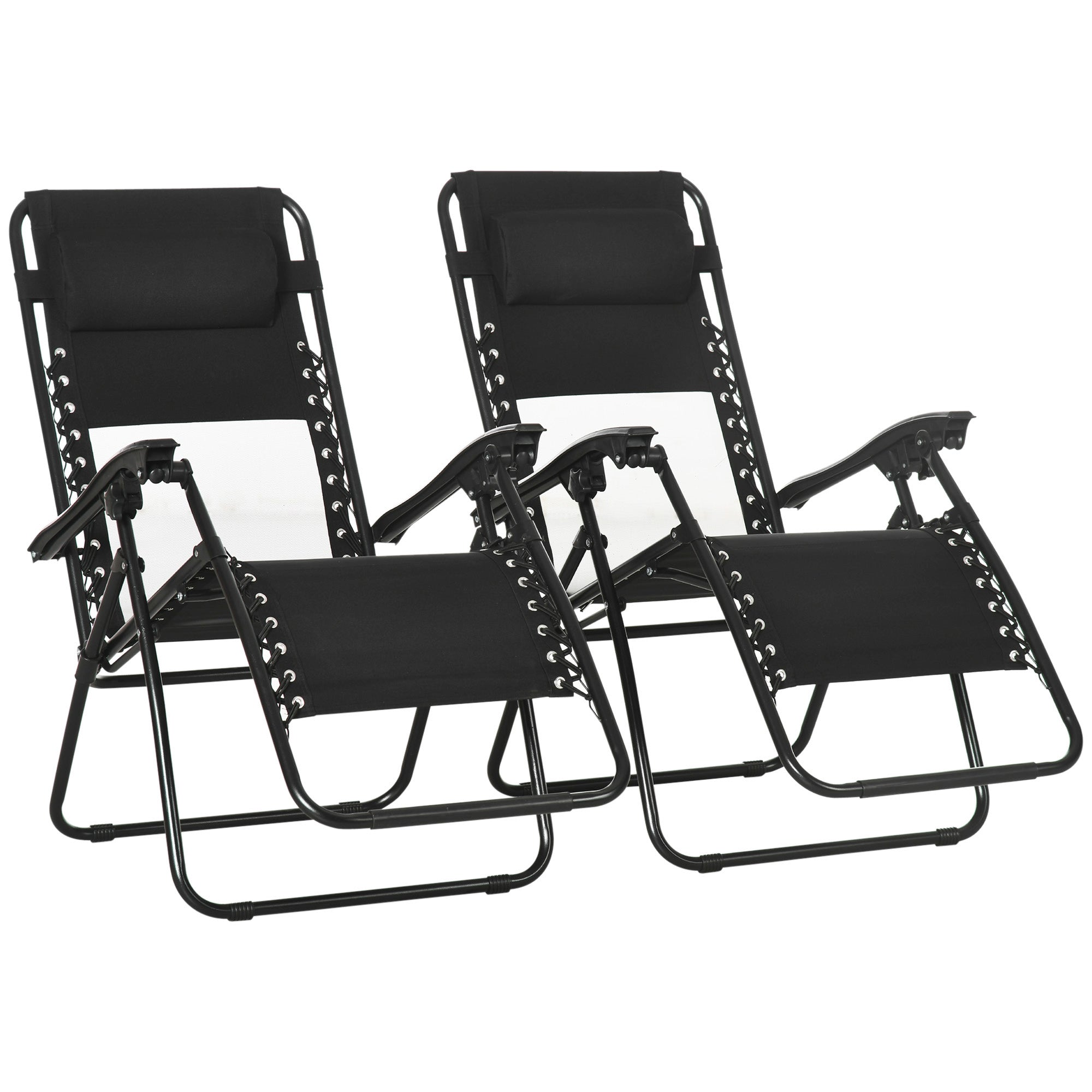 Outsunny Foldable Garden Recliner Chair Set of 2 w/ Footstool & Headrest - Black  | TJ Hughes