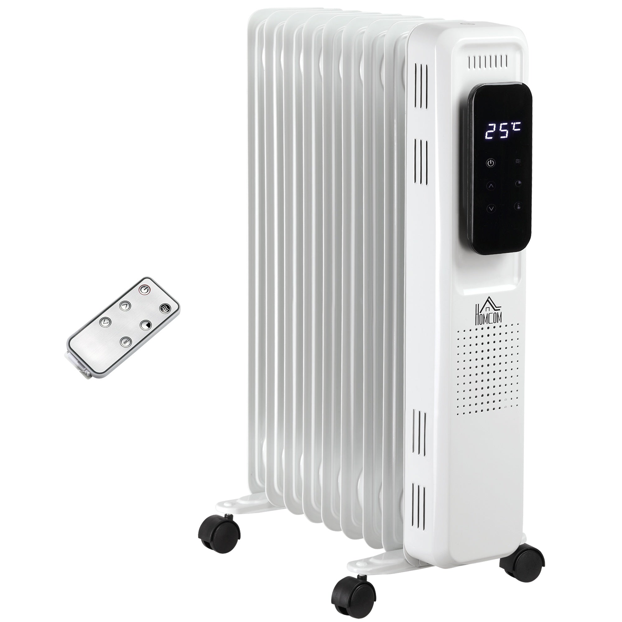 HOMCOM 2180W Oil Filled Radiator - 9 Fin Portable Heater w/ Timer Remote Control White  | TJ Hughes