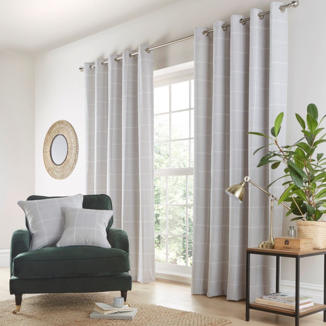 Country Check Grey Eyelet Curtains - 167cm (66") X 183cm (72") - Portfolio  | TJ Hughes