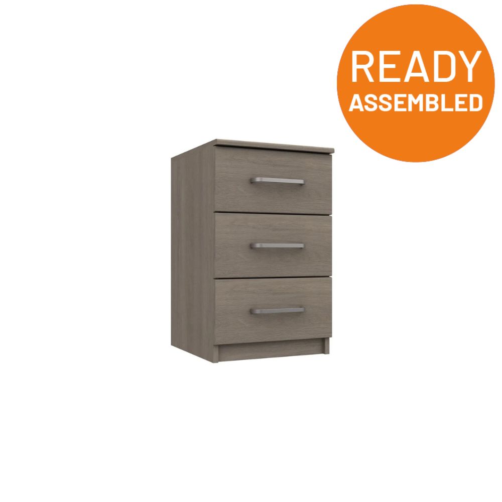 Windsor Ready Assembled Bedside Table with 3 Drawers - Beige Grey Oak - Lewis’s Home  | TJ Hughes