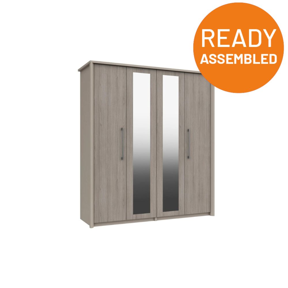 Miley Ready Assembled Wardrobe with 4 Doors & 2 Mirrors - Grey Oak - Lewis’s Home  | TJ Hughes