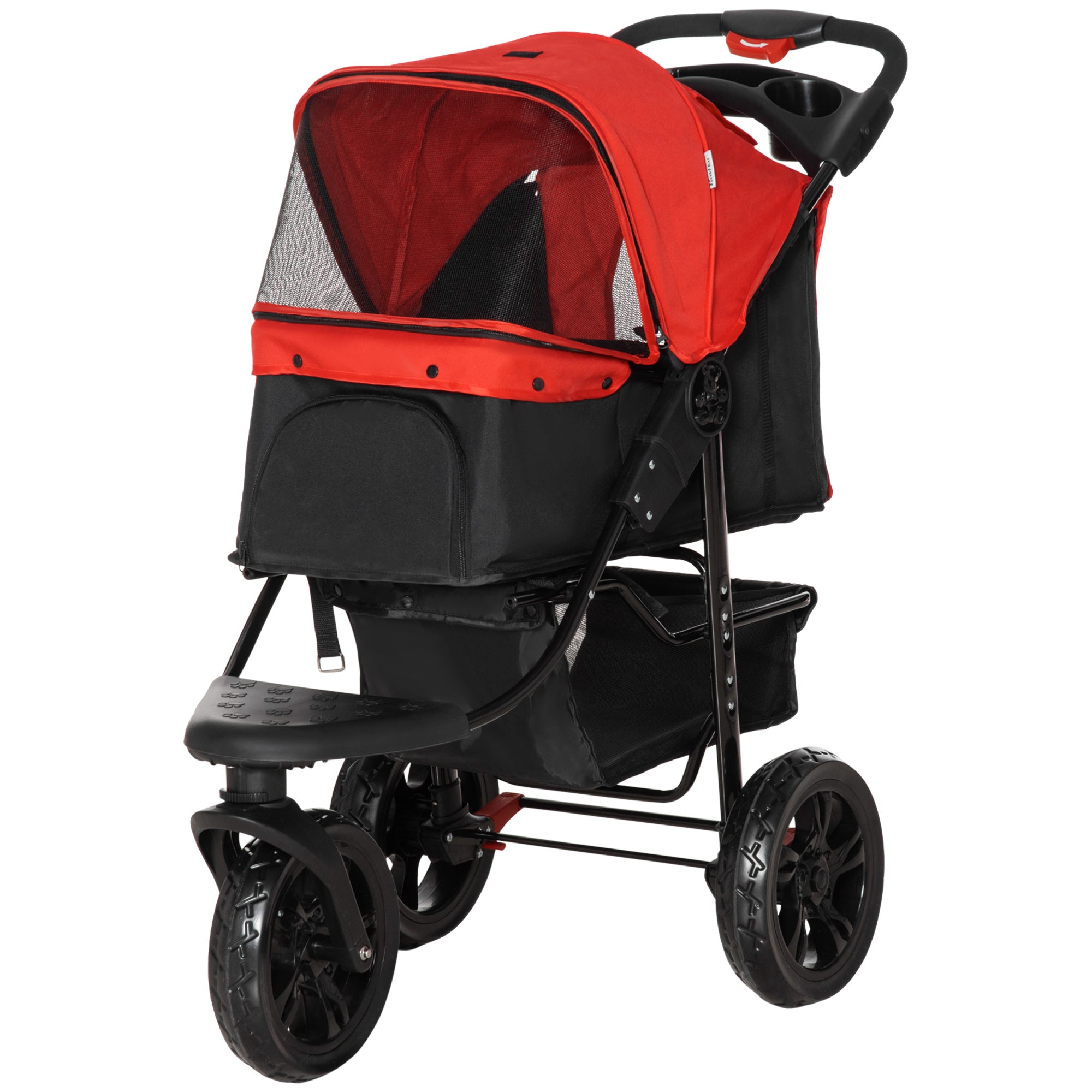 PawHut Folding 3 Wheel Pet Stroller Travel Adjustable Canopy Storage Brake Red  | TJ Hughes