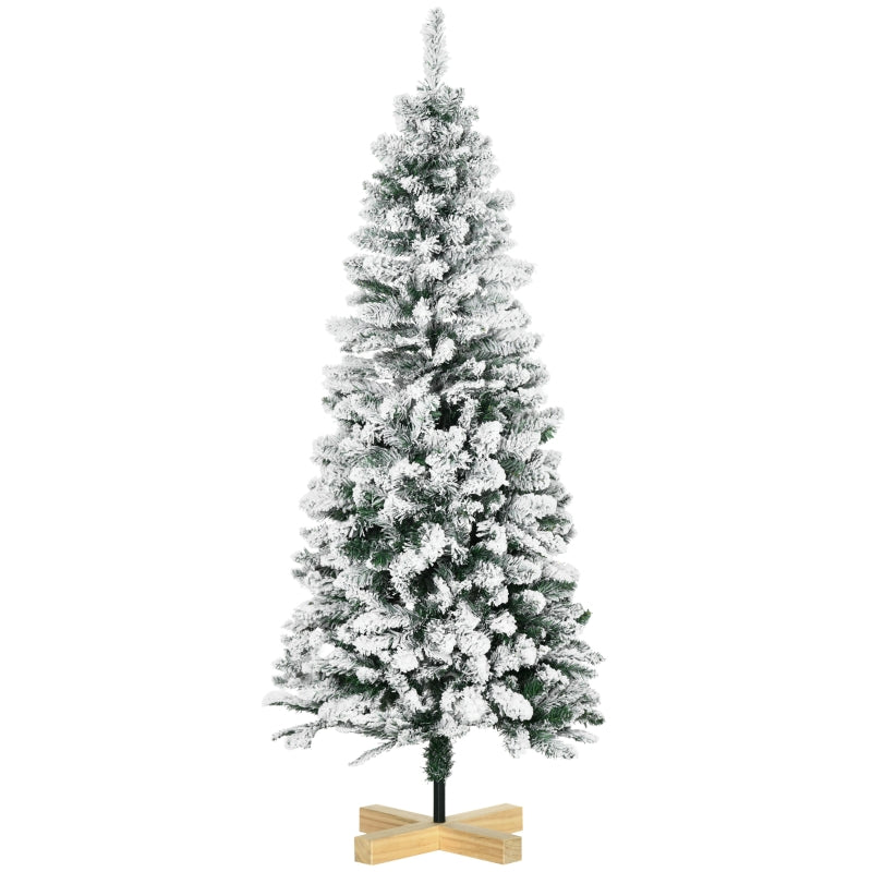 HOMCOM Christmas Tree Snow Flocked Slim 5’ with Pinewood Base  | TJ Hughes