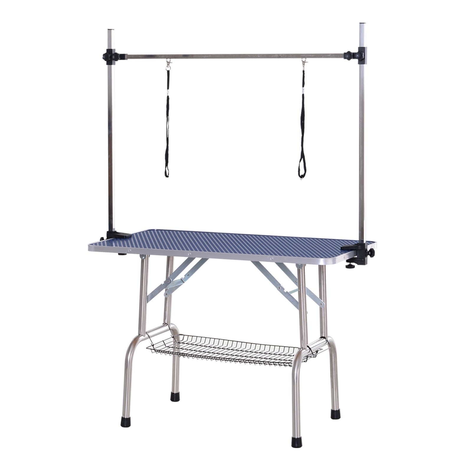 PawHut Metal Adjustable Dog Grooming Table Rubber Top 2 Safety Slings Mesh Blue  | TJ Hughes