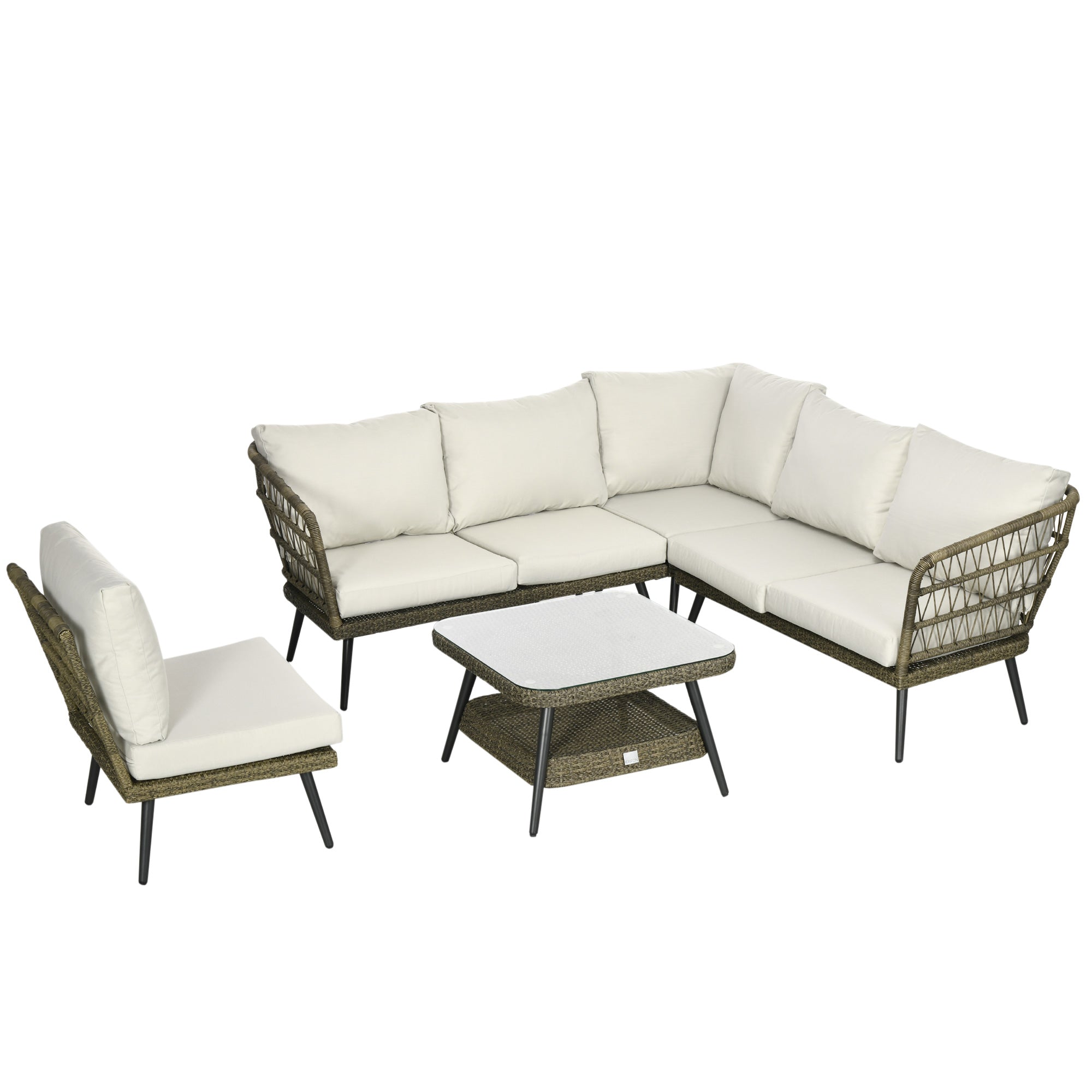 Outsunny Rattan Corner Sofa - Rattan Garden Furniture w/Glass Top Two-tier Table  | TJ Hughes