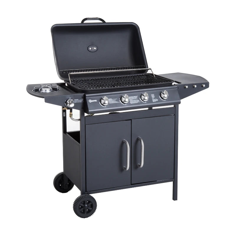 Outsunny 4+1 Gas Burner Grill BBQ Trolley Backyard Garden Smoker Side Burner Barbecue w/ Storage Side Table Wheels  | TJ Hughes