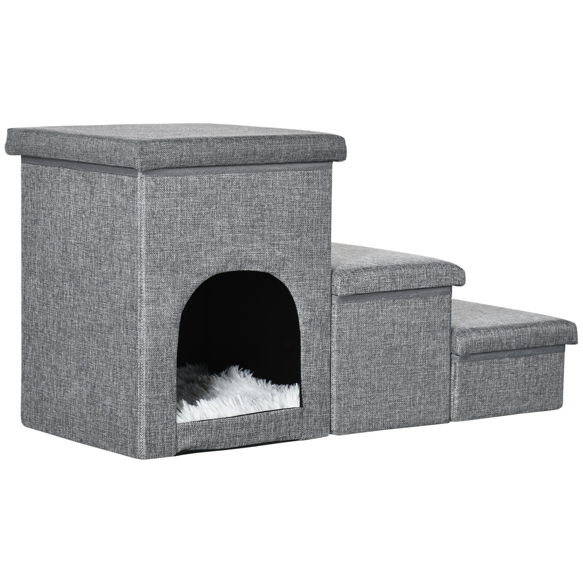 PawHut 3 Step Dog Steps for Bed w/ Cat House Storage Boxes for Sofa Grey  | TJ Hughes