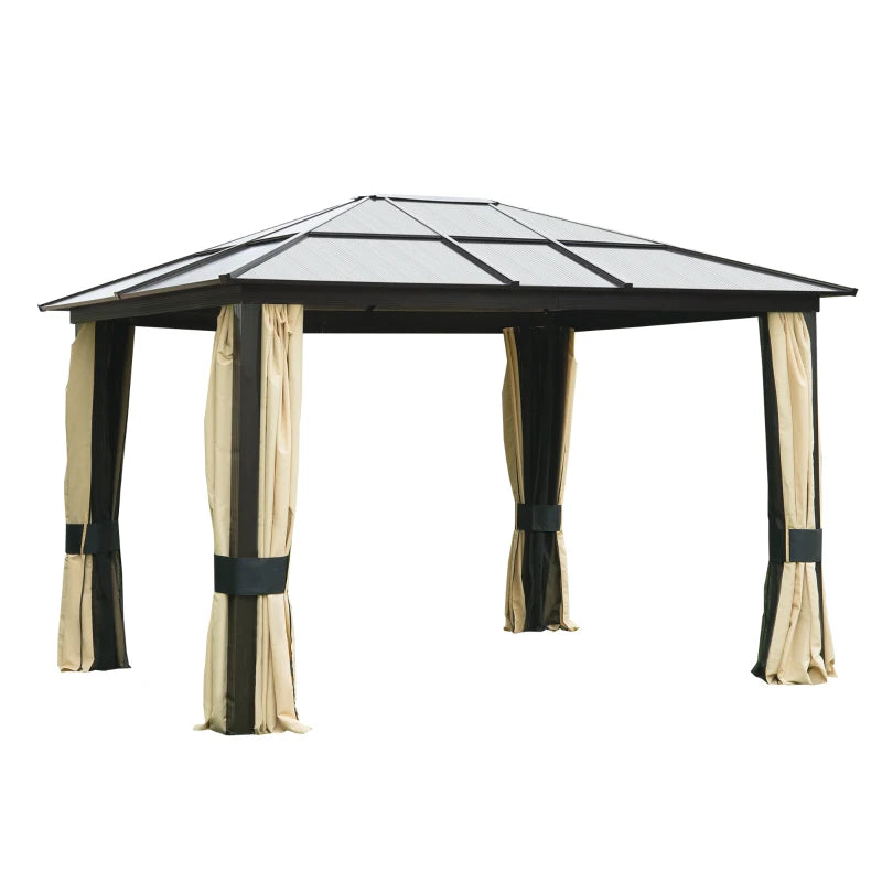 Outsunny 3 x 3.6(m) Hardtop Gazebo Canopy with Polycarbonate Roof and Aluminium Frame - Garden Pavilion with Mosquito Netting and Curtains - Brown  |
