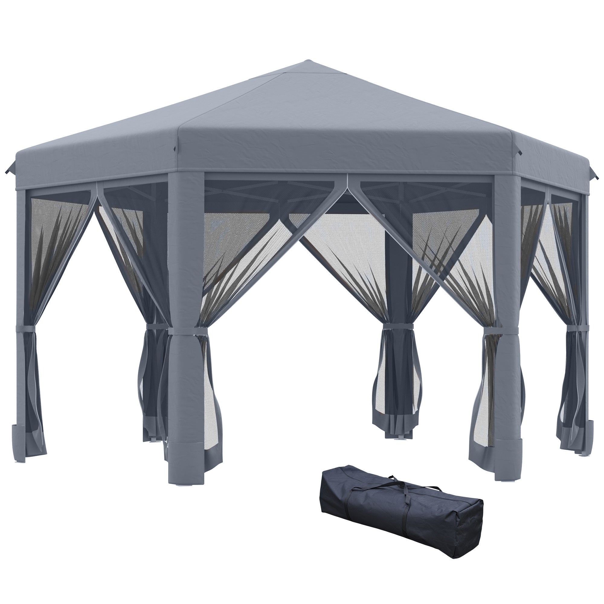 Outsunny 3.2m Pop Up Gazebo Hexagonal Canopy Tent Outdoor w/Sidewalls Grey  | TJ Hughes