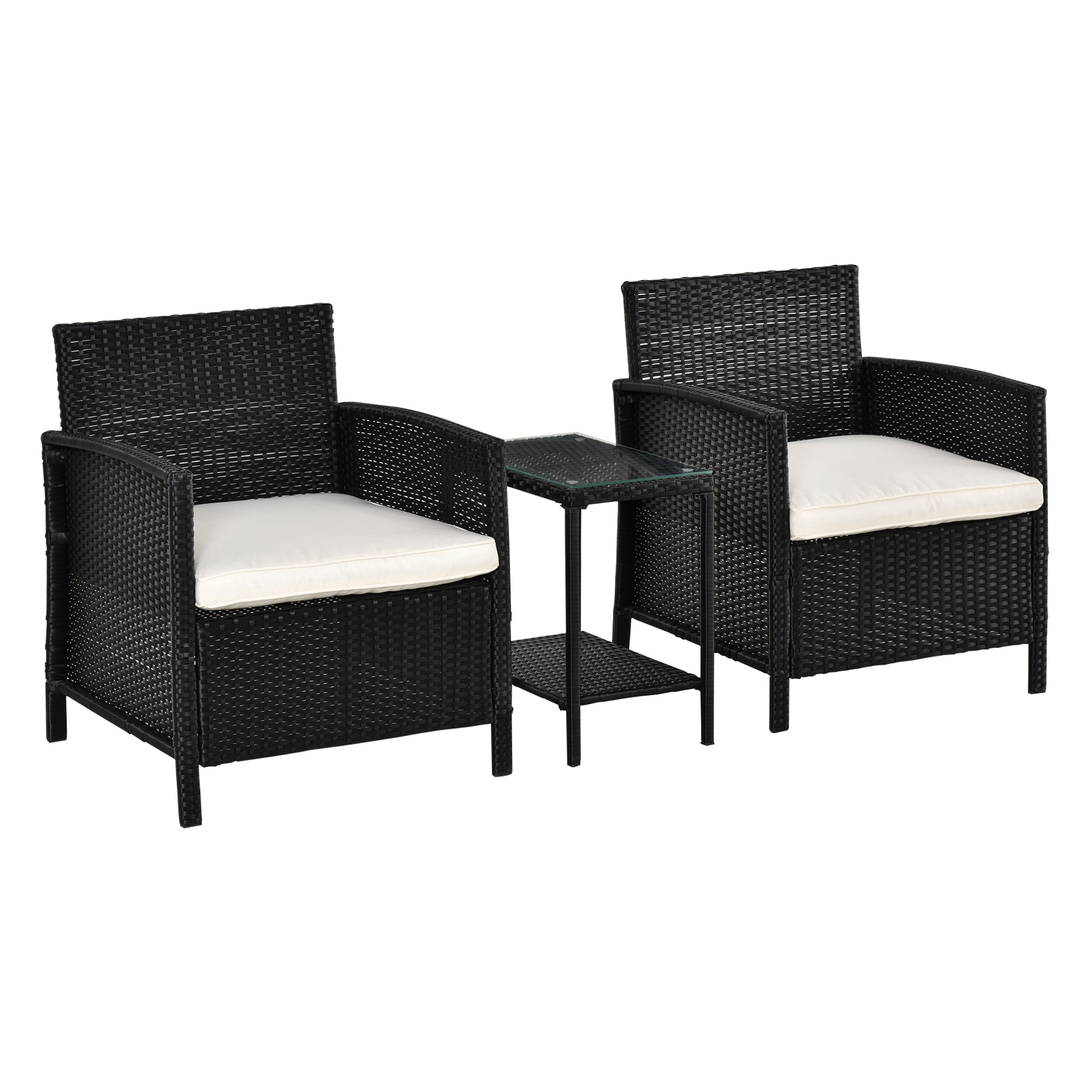 Outsunny 3 PC Outdoor Rattan Sofa Set w/ Chairs Coffee Table Cushion Black  | TJ Hughes