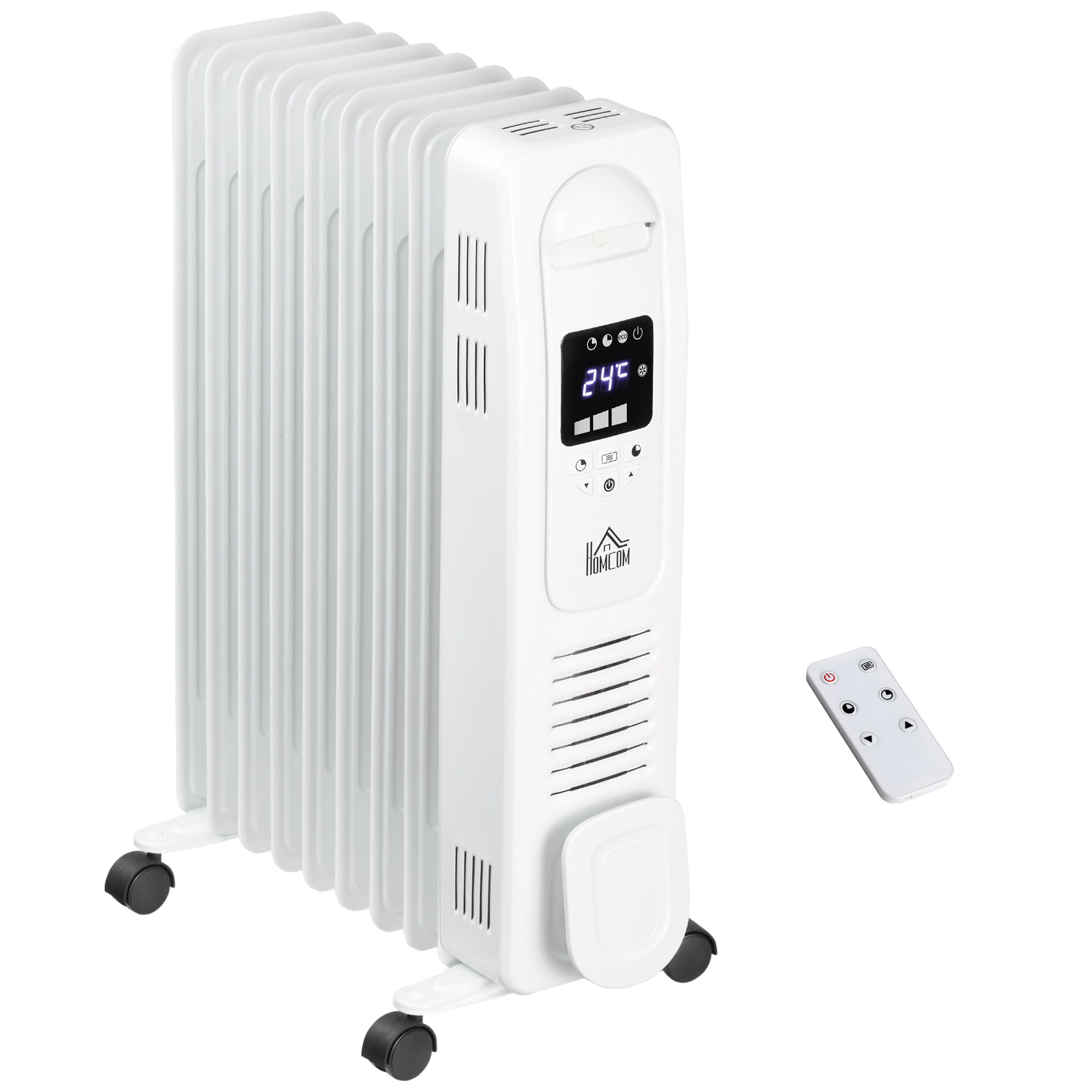 HOMCOM 2180W Oil Filled Radiator - 9 Fin Portable Heater w/ Timer Remote Control White Safety Cut-Off and Remote Control White Radiator Settings  | TJ
