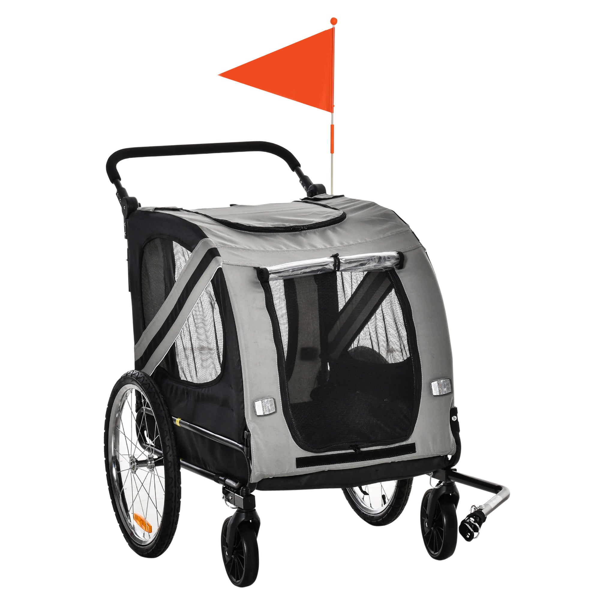 PawHut 2-In-1 Dog Bike Trailer Stroller w/ Universal Wheel Reflector Flag Grey