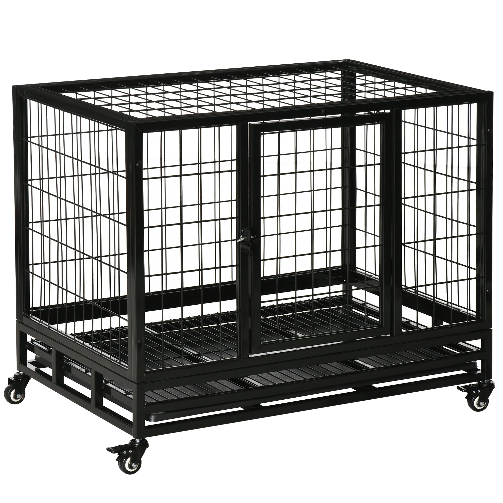 PawHut Metal Kennel Cage with Wheels and Crate Tray for Pet Dog Medium Black  | TJ Hughes