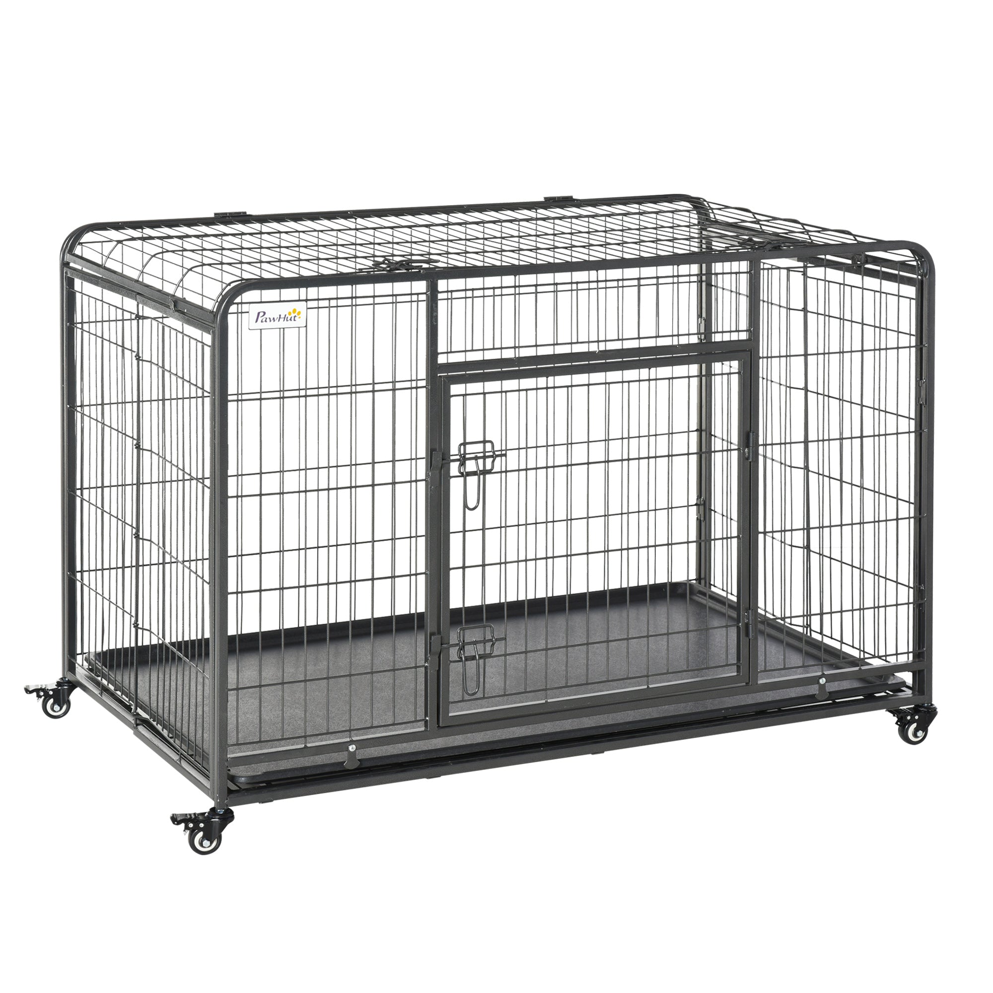PawHut Heavy Duty Dog Crates Foldable Doge Kennel and Dog Cage Pet Playpen with Double Doors Removable Tray Lockable Wheels 125cm x 76cm x 81cm.  | TJ