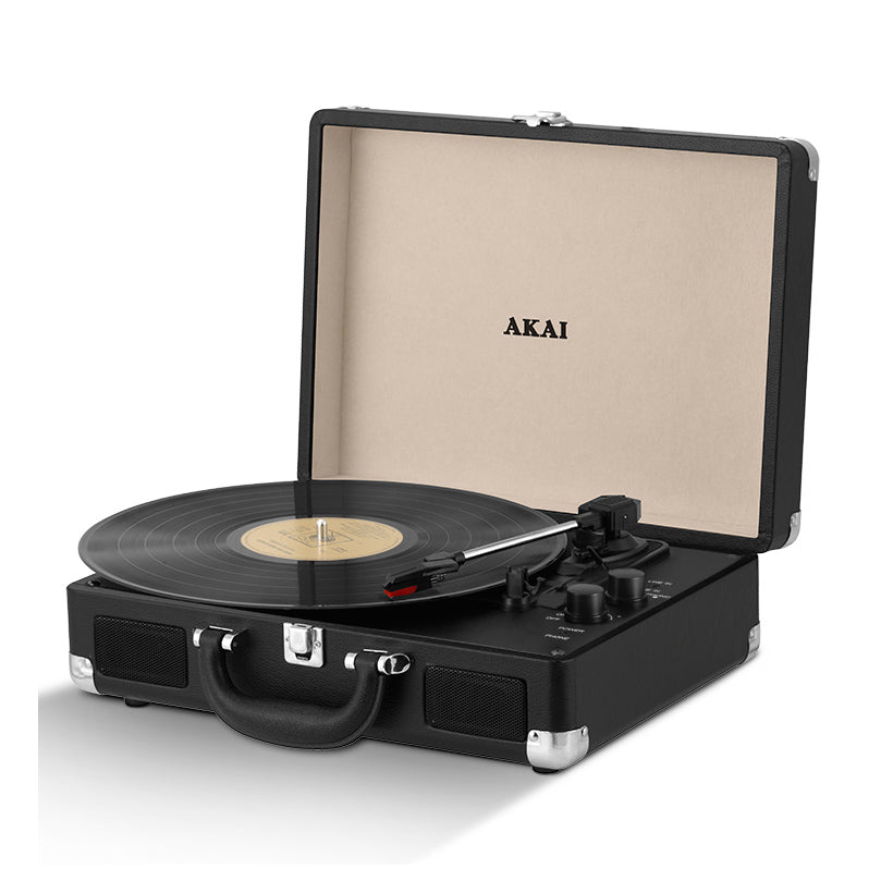 Akai Retro Bluetooth Rechargeable Turntable in Faux Leather Case Black