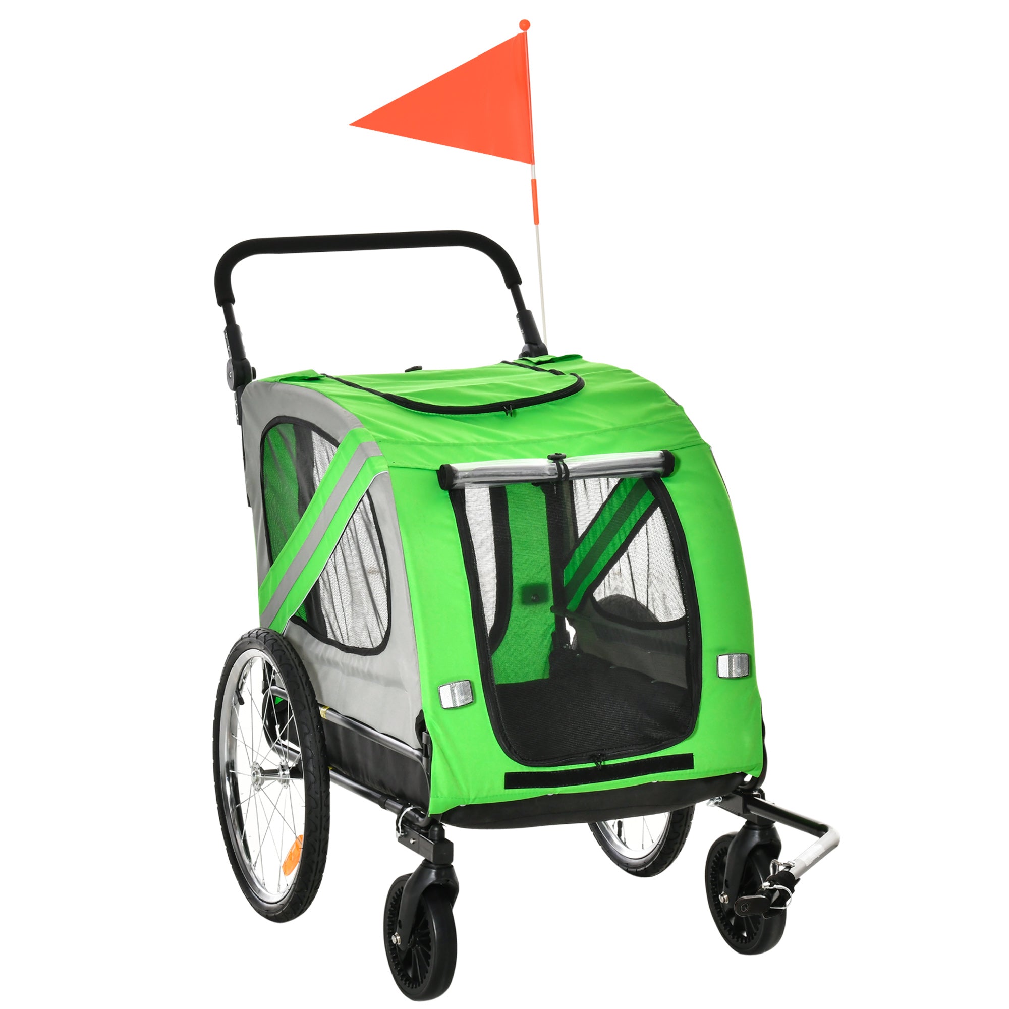 PawHut 2-In-1 Dog Bike Trailer Stroller w/ Universal Wheel Reflector Flag Green