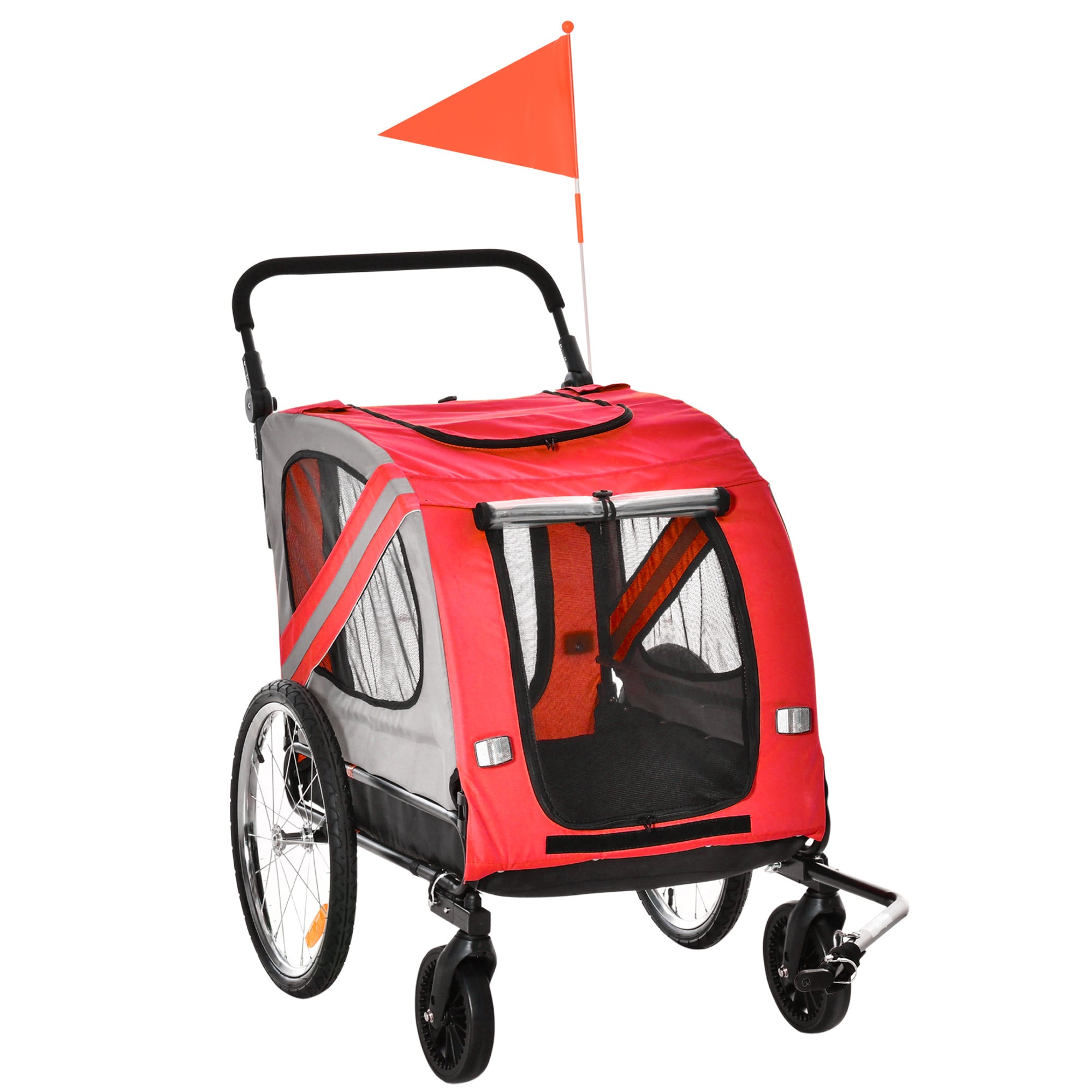 PawHut 2-In-1 Dog Bike Trailer Stroller w/ Universal Wheel Reflector Flag Red  | TJ Hughes