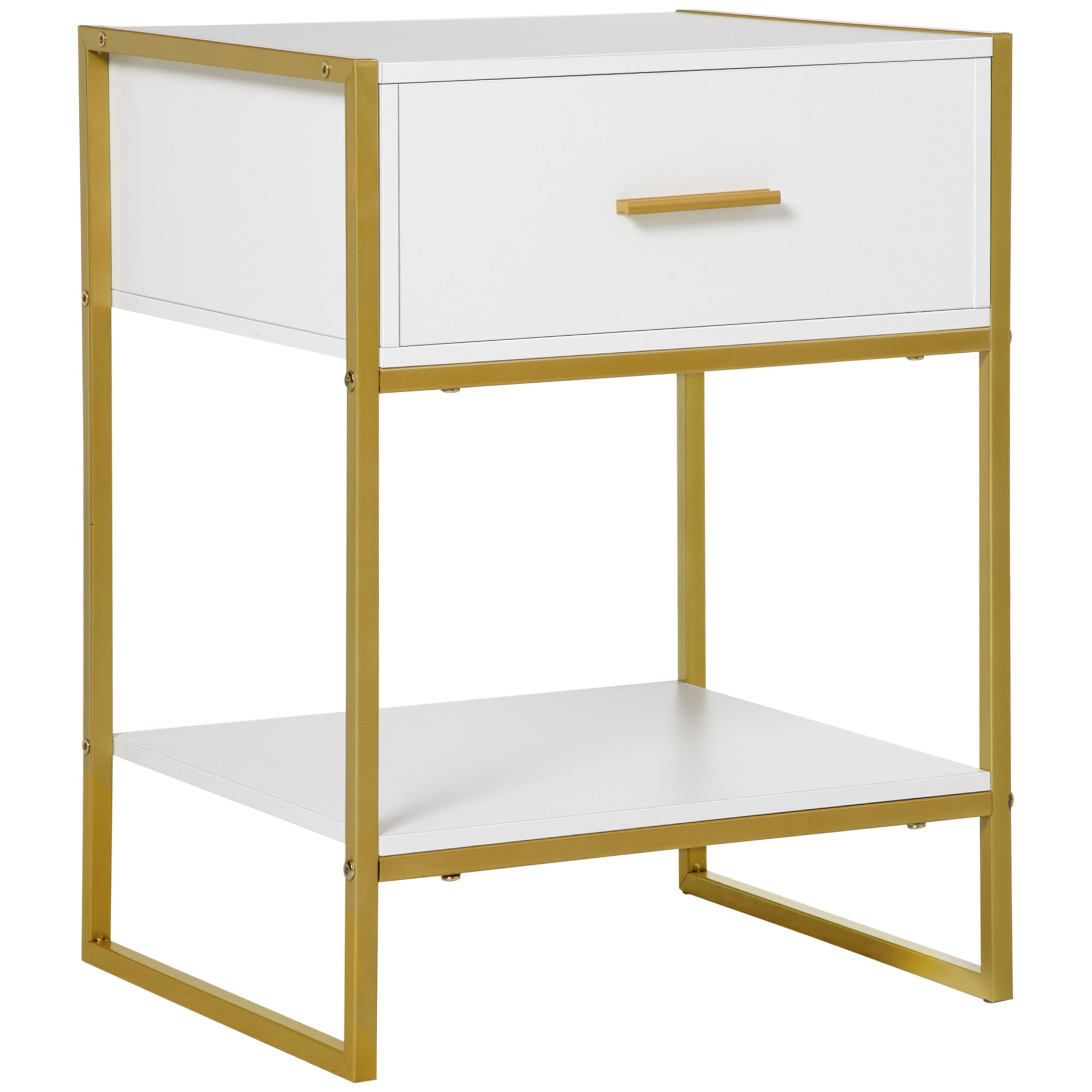 HOMCOM Modern Bedside Table Side Table Nightstand w/ Drawer Shelf White Gold  | TJ Hughes
